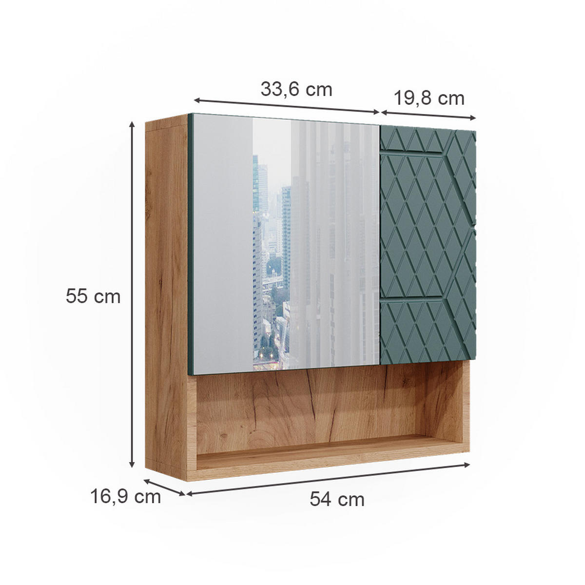 BADSPIEGELSCHRANK Irma Grün/Goldkraft Eiche 54 x 55 cm - Eiche Wotan/Grün, Holzwerkstoff (54/55/16.9cm) - Vicco