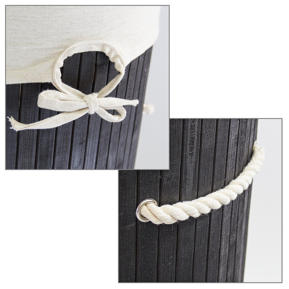 KOŠ ZA PERILO črna bambus okrogel s pokrovom zložljiv 70 l - črna, tekstil/les (41/65/41cm) - Relaxdays