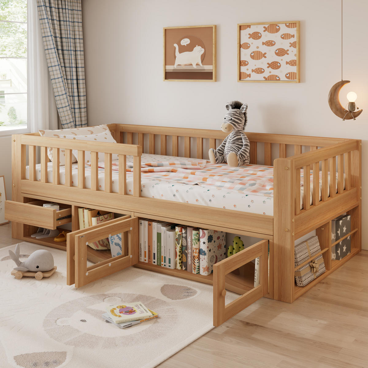 KINDERBETT 90/200 cm in Natur mit Schublade, Schrank und Ablagen - Naturfarben, Holz/Holzwerkstoff (90/200cm) - WISHDOR