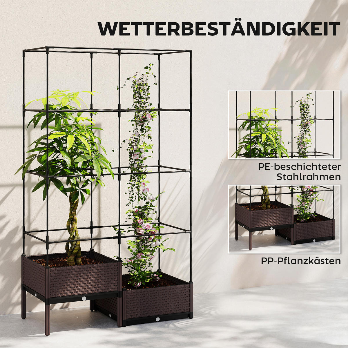HOCHBEET Pflanzkasten mit Rankgitter, Abflusslöchern, Pflanzkübel aus Kunststoff - Schwarz, Metall (50/174/100cm) - Outsunny