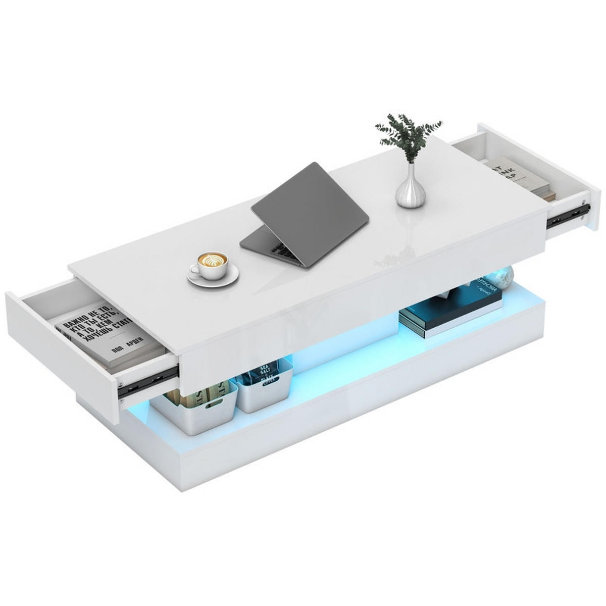 COUCHTISCH 120/50/42 cm weiß aus Holz mit LED-Beleuchtung und Schubladen - Weiß, Holz (120/50/42cm) - OKWISH