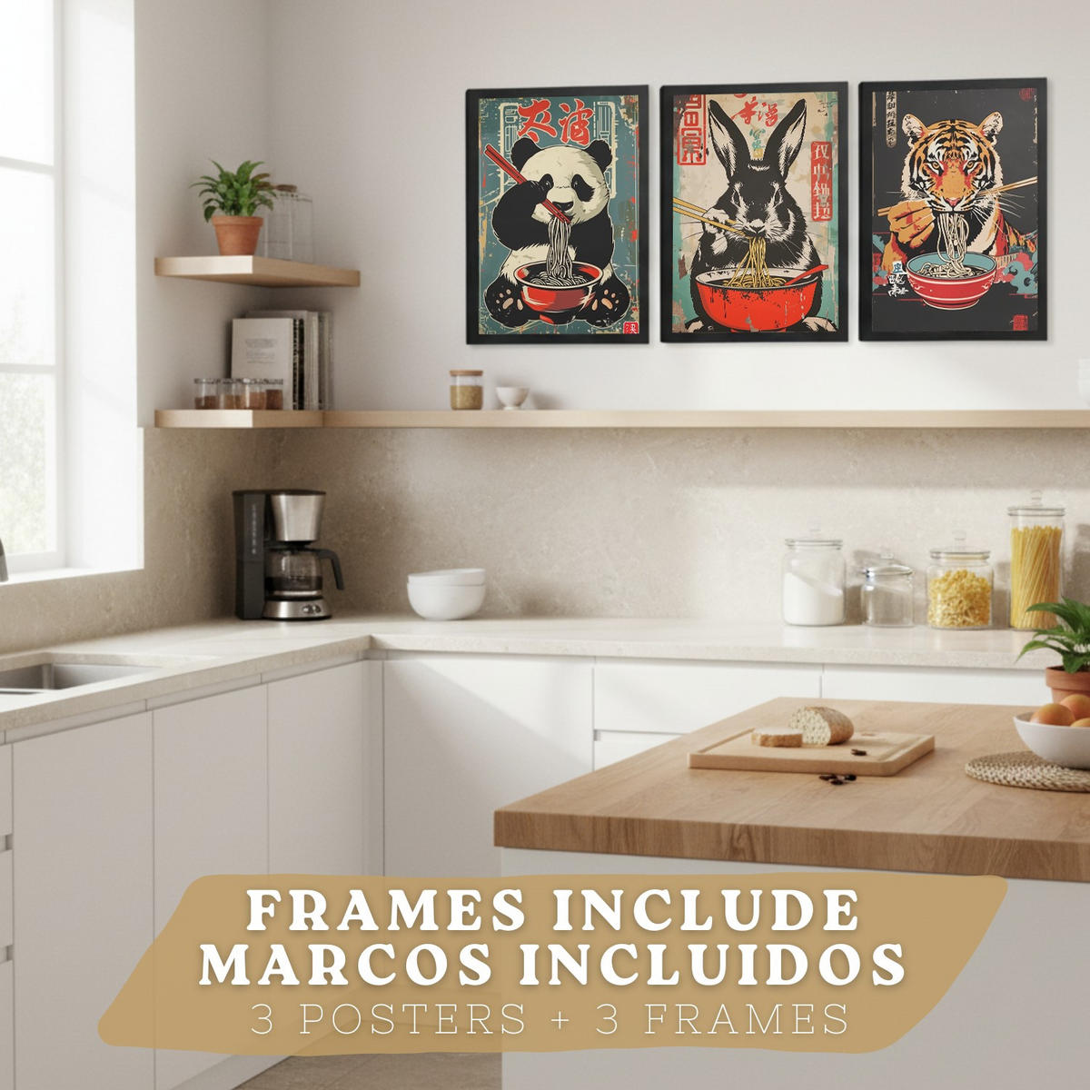 PLAKAT Sada 3 Ramen Animals A3 Černý rám - černá, papír (29.7/1/42cm) - Nacnic