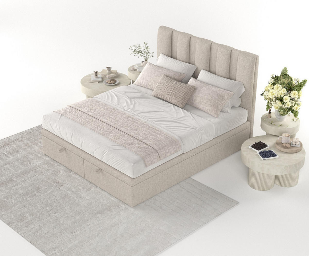 POLSTERBETT Orta mit Stauraum 200/200 cm Hellbeige im Megan Stoff - Sandfarben/Schwarz, Holz/Holzwerkstoff (200/200cm) - AltaBeds
