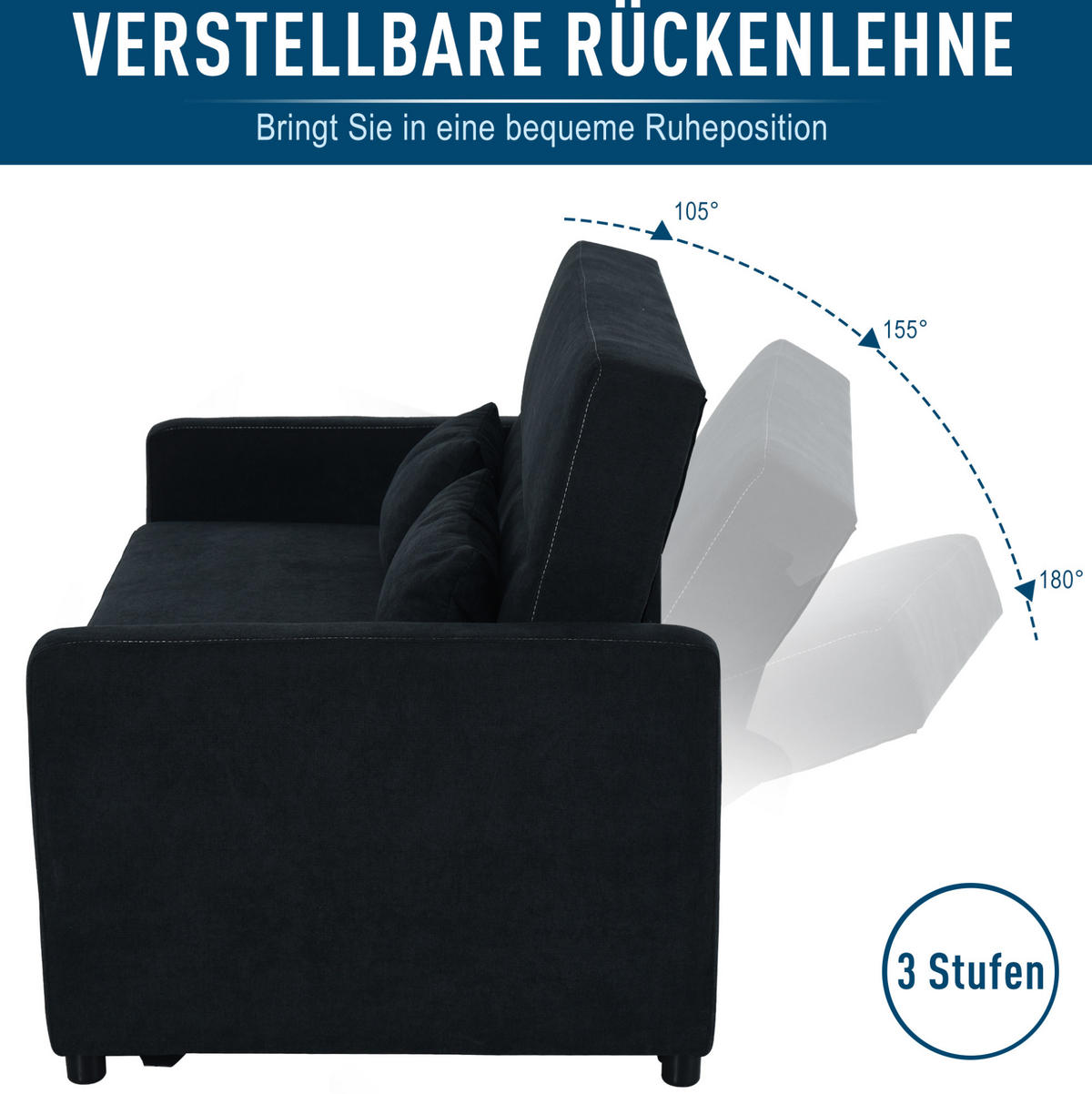SCHLAFSOFA 155/90/88,5 cm in Schwarz – 3-fach verstellbar - Schwarz, Textil (90/88.5/155cm) - BEAOK