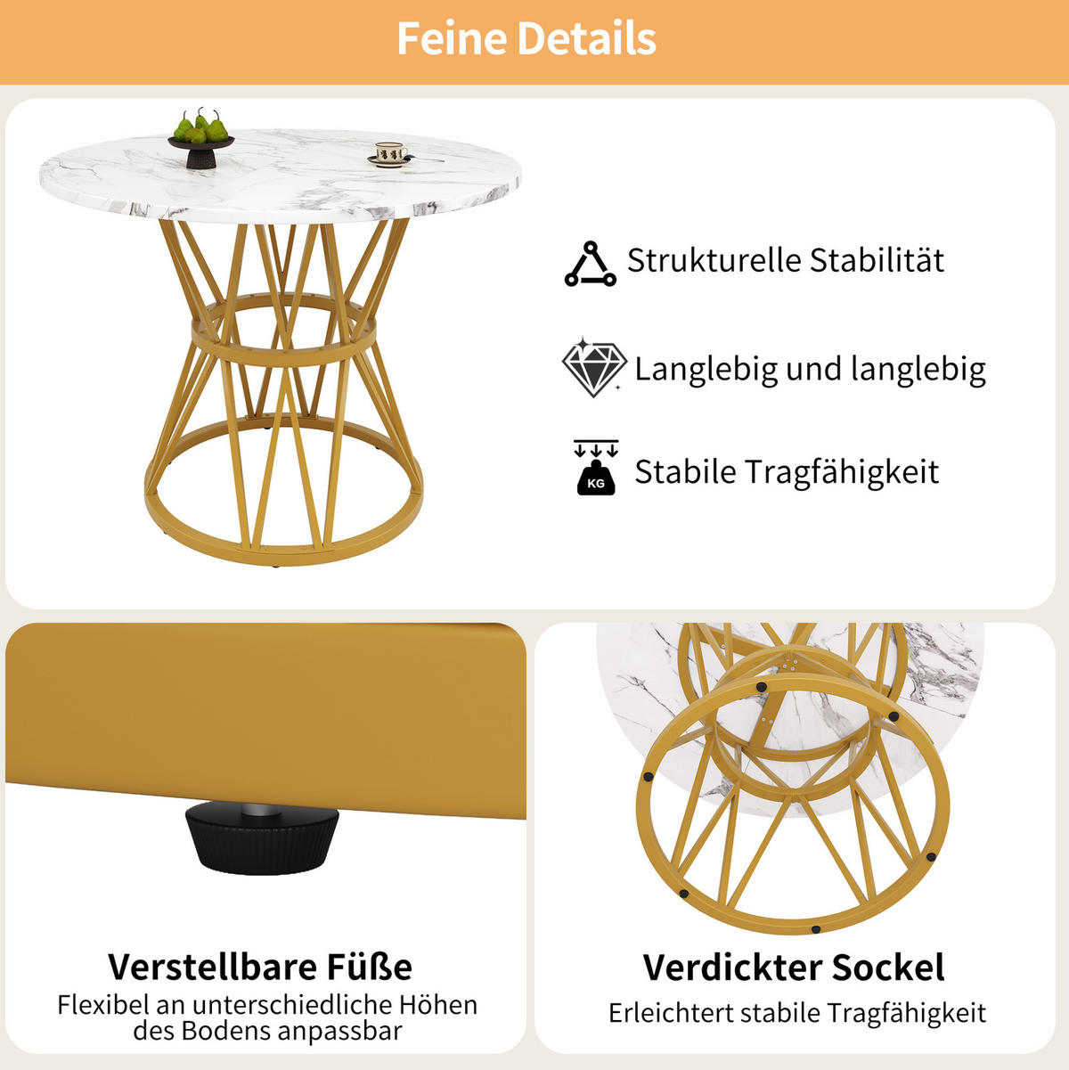 ESSTISCH 100/100/76 cm Gold aus MDF mit verstellbaren Füßen - Goldfarben, Holzwerkstoff (100/100/76cm) - OKMYHOME
