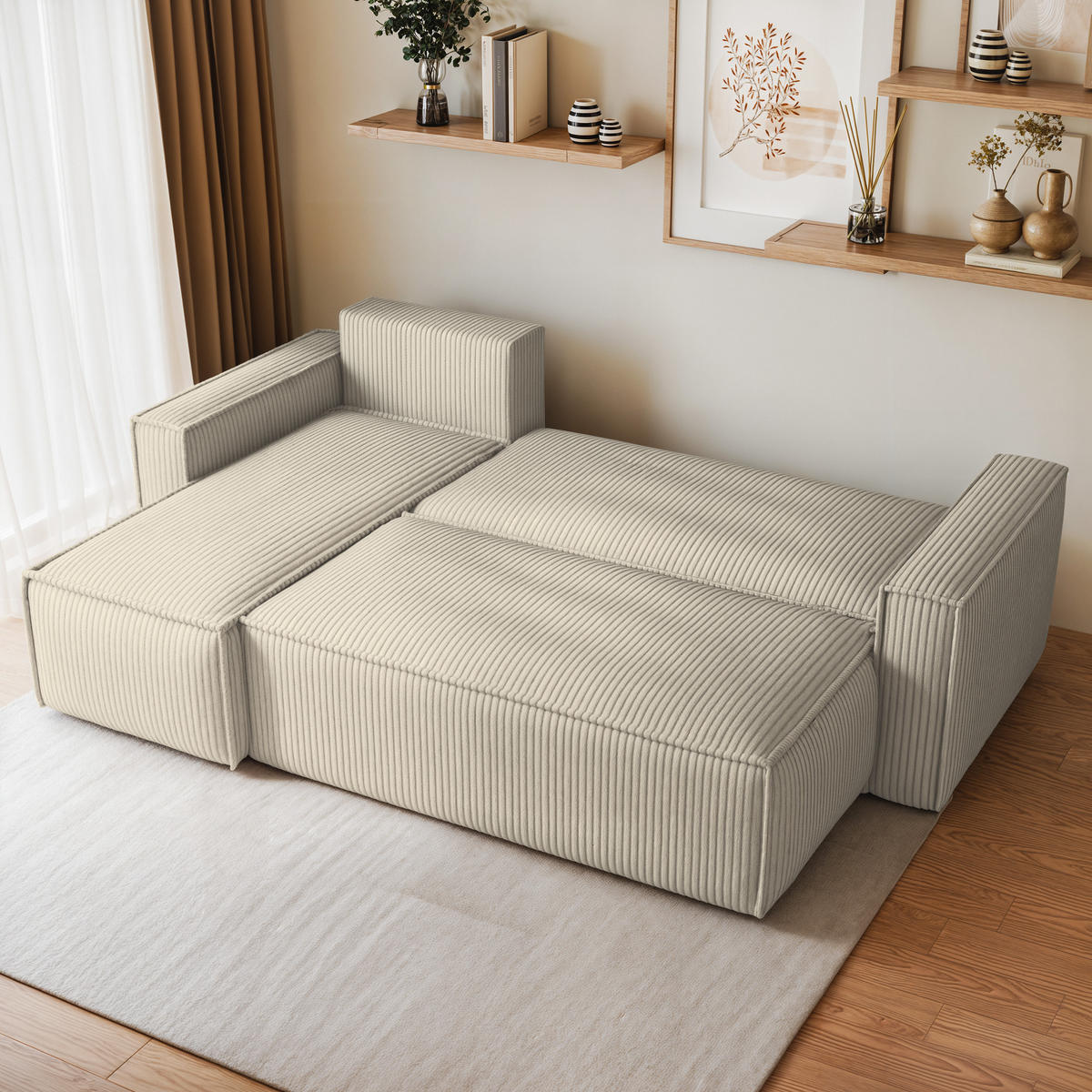 ECKSOFA RAVELO P Creme Kordstoff mit Schlaffunktion - Creme, Holz (240/140cm) - MASSENO
