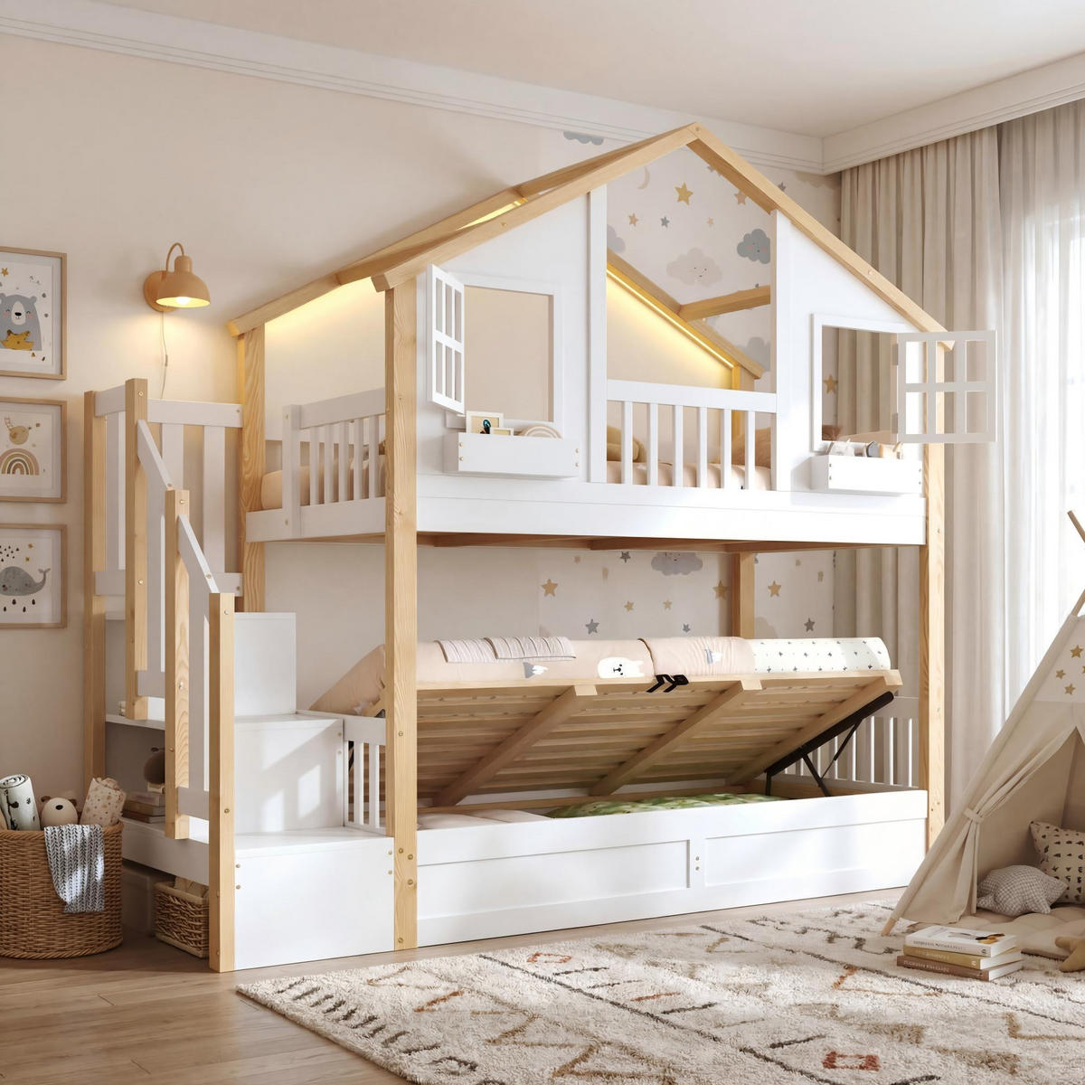 HAUSBETT 90/200 cm aus Kiefer mit Stauraumtreppe und LED-Beleuchtung - Weiß, Holzwerkstoff (90/200cm) - BEAOK