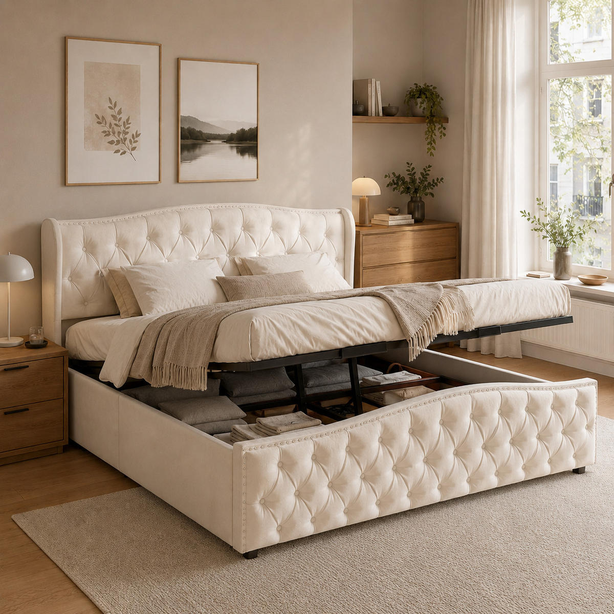 DOPPELBETT,STAURAUMBETT 140/200 cm mit Bettkasten Samt Beige - Beige, Holz (140/200cm) - PARAFTA HOME