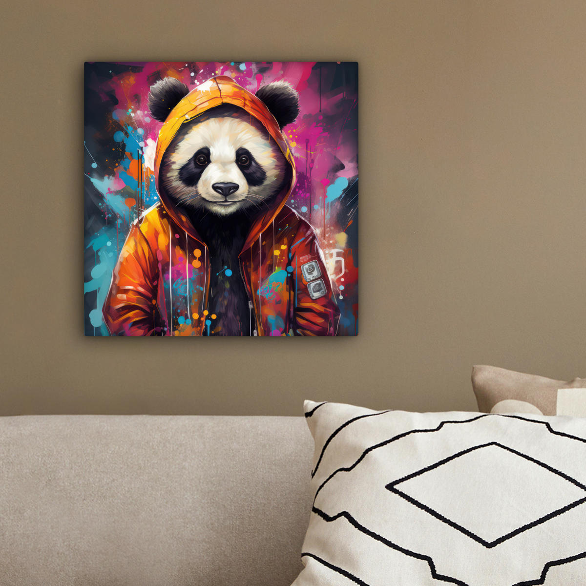 LEINWANDBILD Panda - Jacke - Graffiti - Orange 20x20 cm - Orange, Textil (20/20cm) - MuchoWow