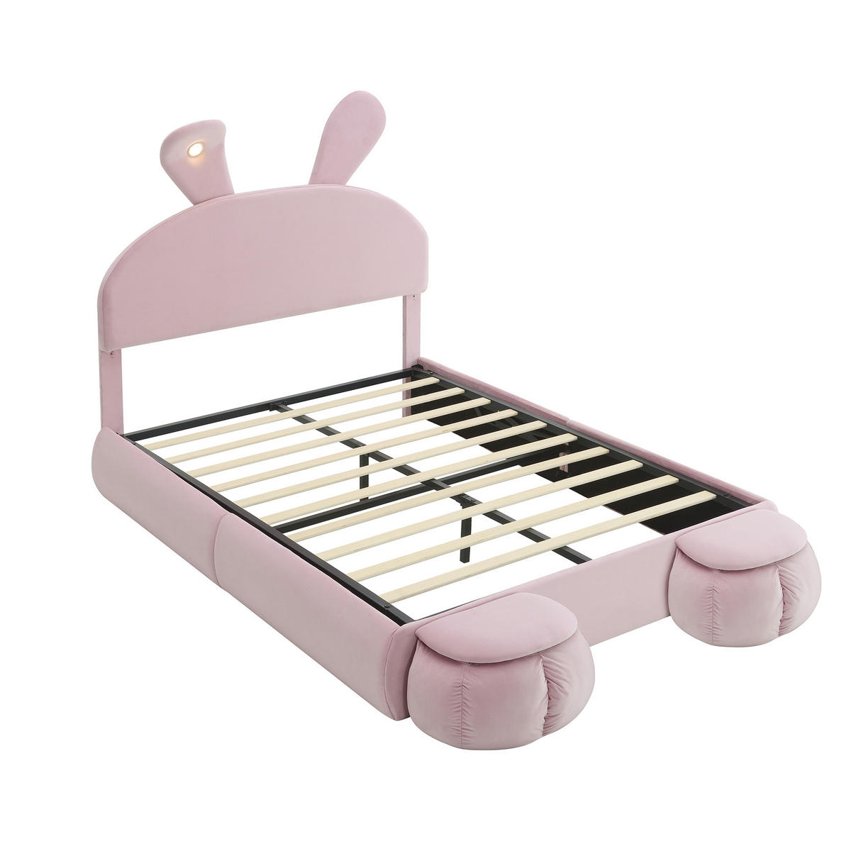 POLSTERBETT 140/200 cm rosa aus Samt mit LED-Hasenohren und Bettkasten - Rosa, Textil (140/200cm) - OKWISH