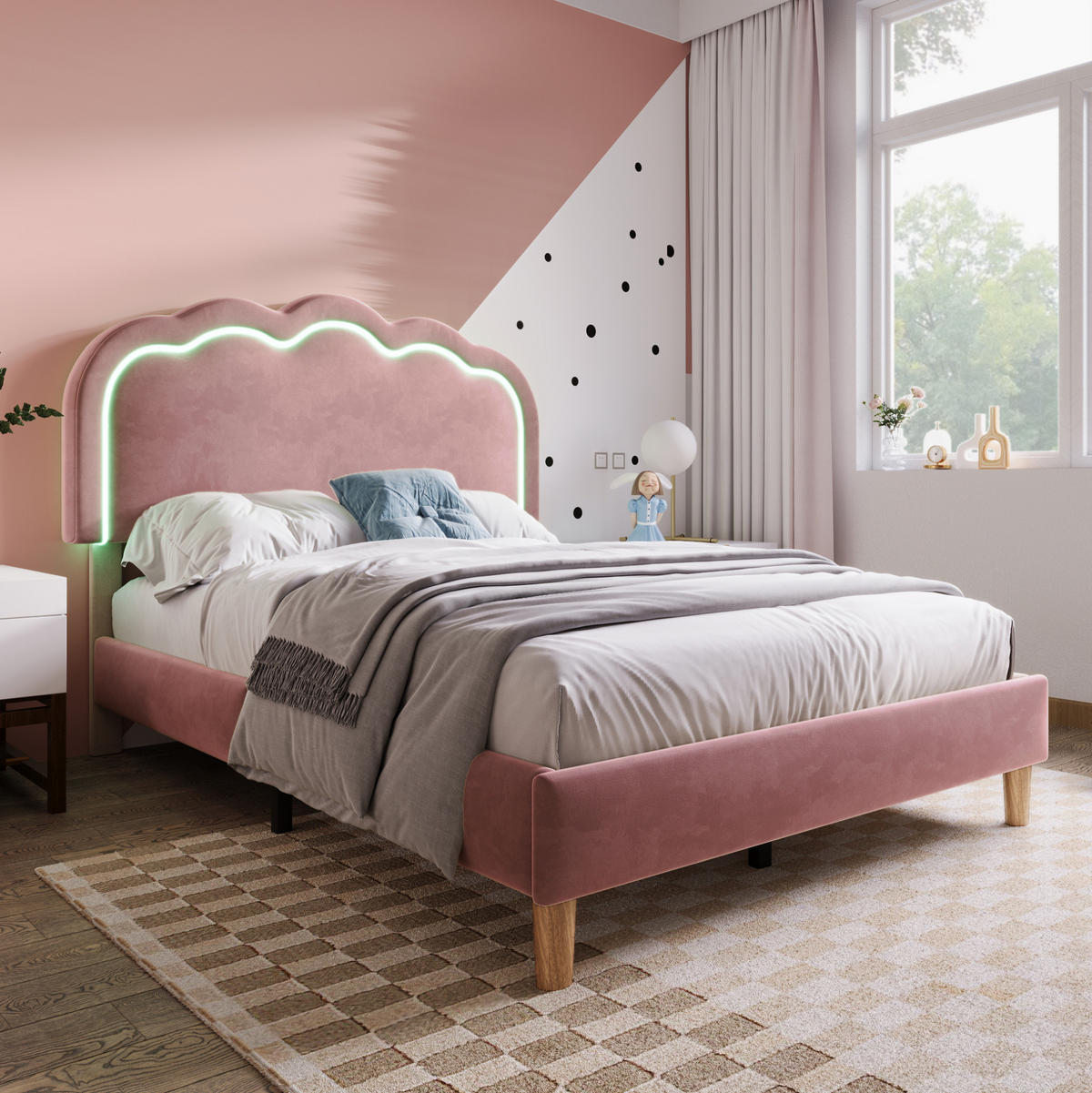 POLSTERBETT 90/200 cm Rosa aus Samt mit LED-Kopfteil - Pink, Textil (90/200cm) - OKMYHOME