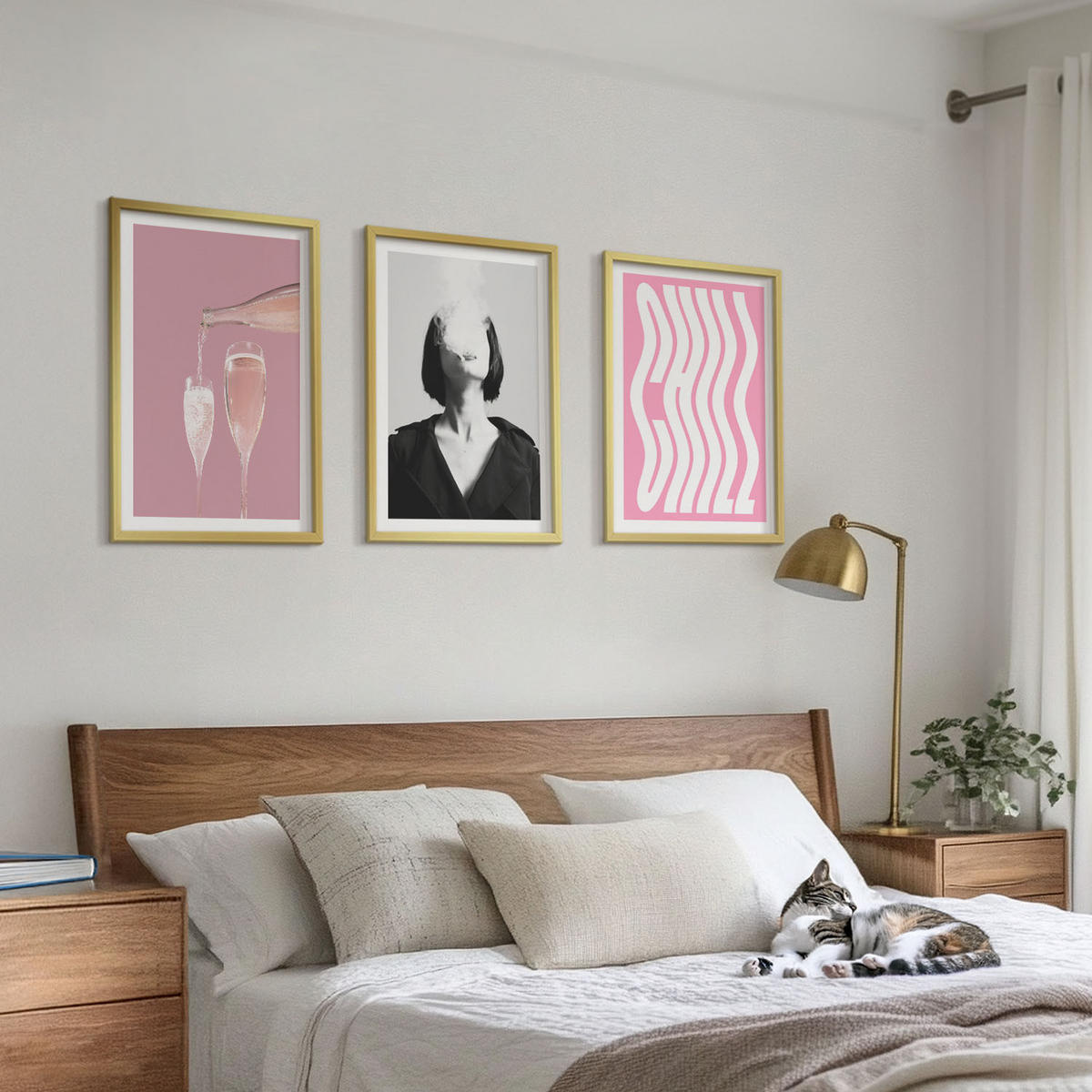 WANDBILDER 3er Set - 40x60 cm Goldrahmen - Stilvolles Porträt, Champagner-Entspannung - Goldfarben, Kunststoff (40/60cm) - ArtPrintCave