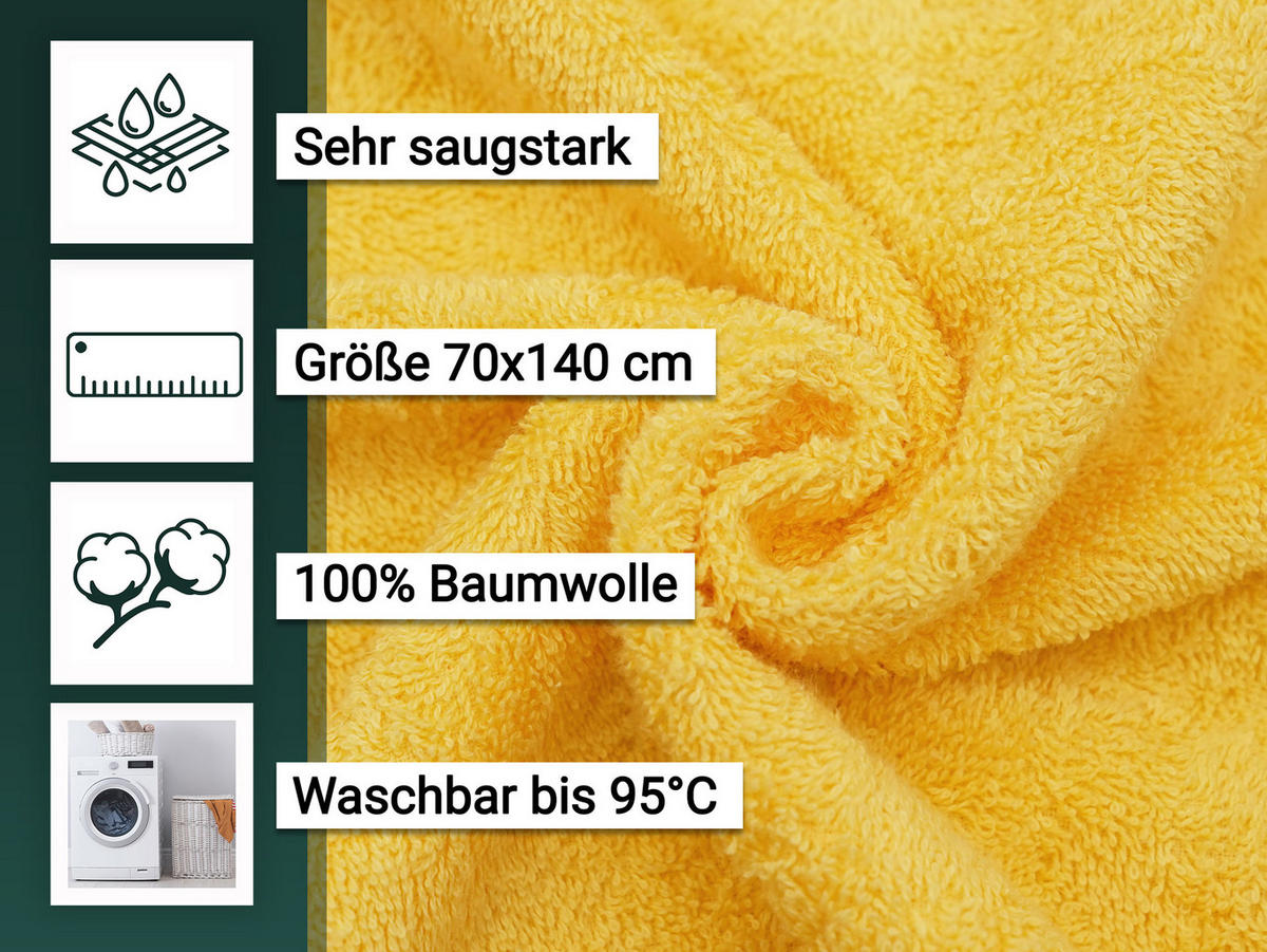 DUSCHTÜCHER, 5er-Set, 70x140 cm, 100% Baumwolle, Gelb - Gelb, Textil (70/140cm) - Zollner