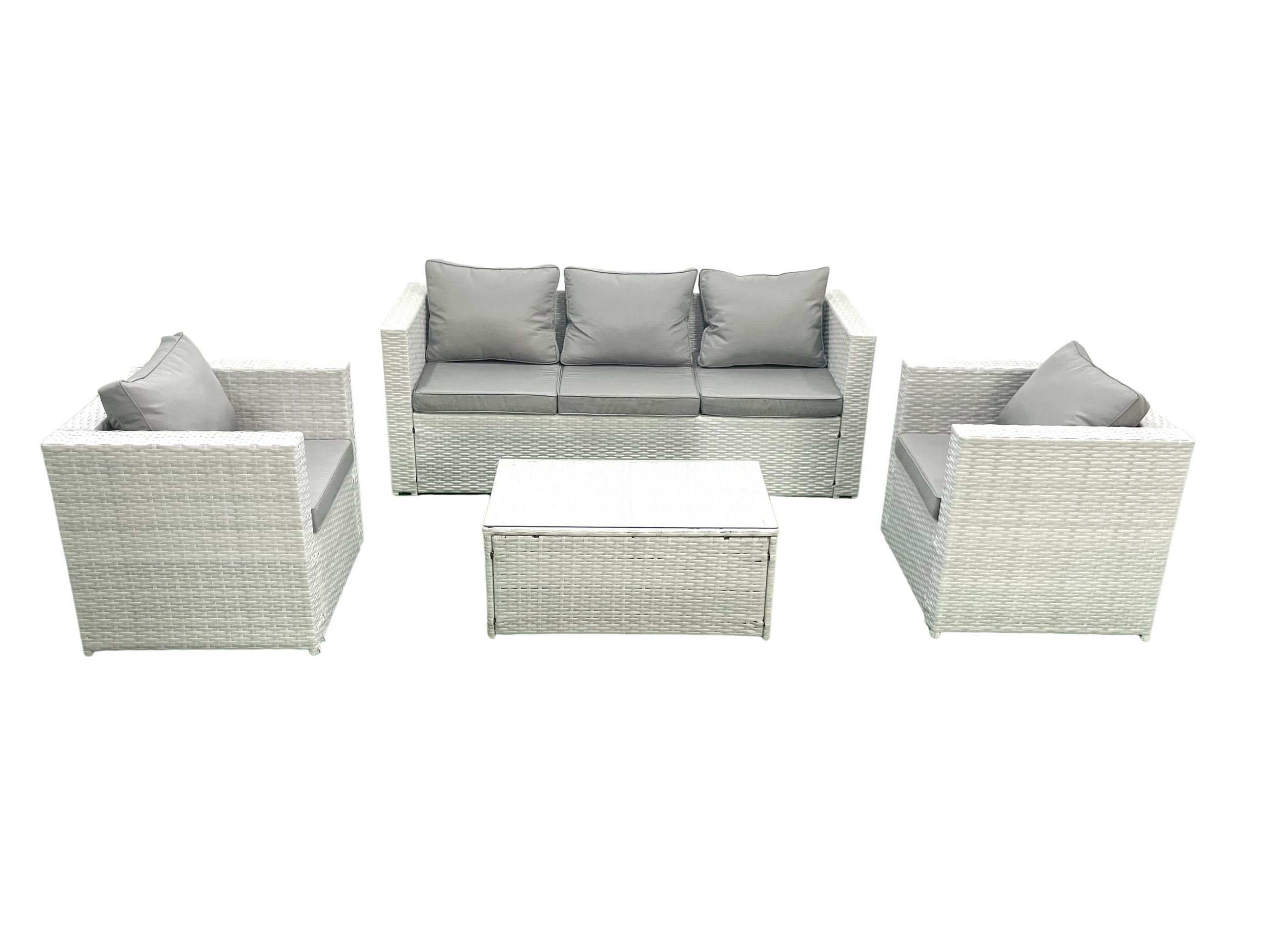 GARTENMÖBELSET mit 3-SITZER SOFA,COUCHTISCH Polyrattan Hellgrau-Mix 5-Sitzer - Hellgrau/Grau, Glas/Kunststoff - Fimous