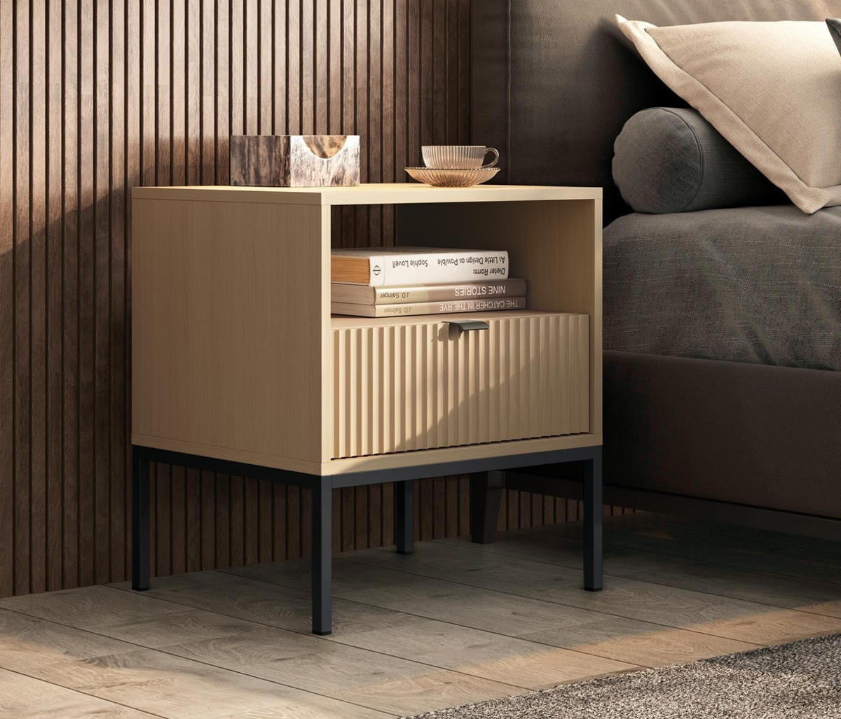 NOVA Nachttisch Vicenza Eiche geriffelt Nachtschrank Metallgestell schwarz 54 cm breit - Braun, Holzwerkstoff (54/56/39cm) - Bettso