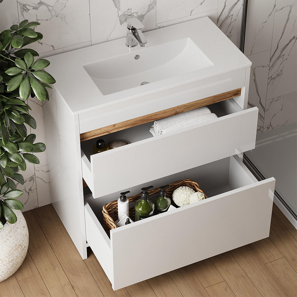 WASCHTISCHKOMBI Detmold, Weiß, 2 Teile, Unterschrank 80 cm - Weiß Hochglanz/Eiche Wotan, Holzwerkstoff (79.8/81.9/40cm) - Vicco