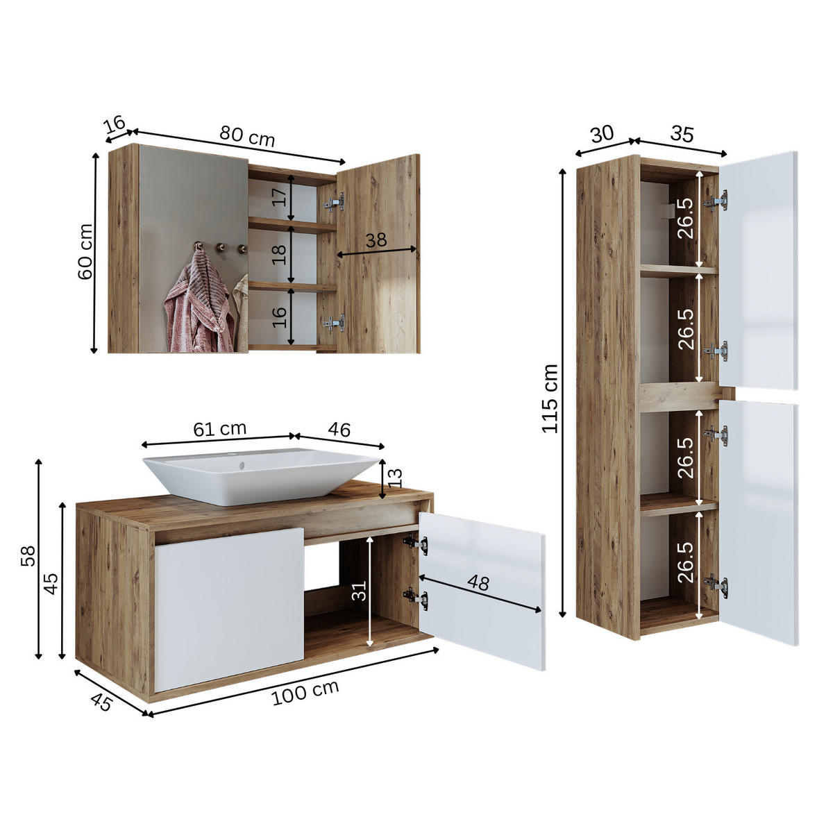 BADMÖBEL Set ATLANTIC-100 4-teilig - Eiche Bianco, Holzwerkstoff (100/150/45cm) - Roomart
