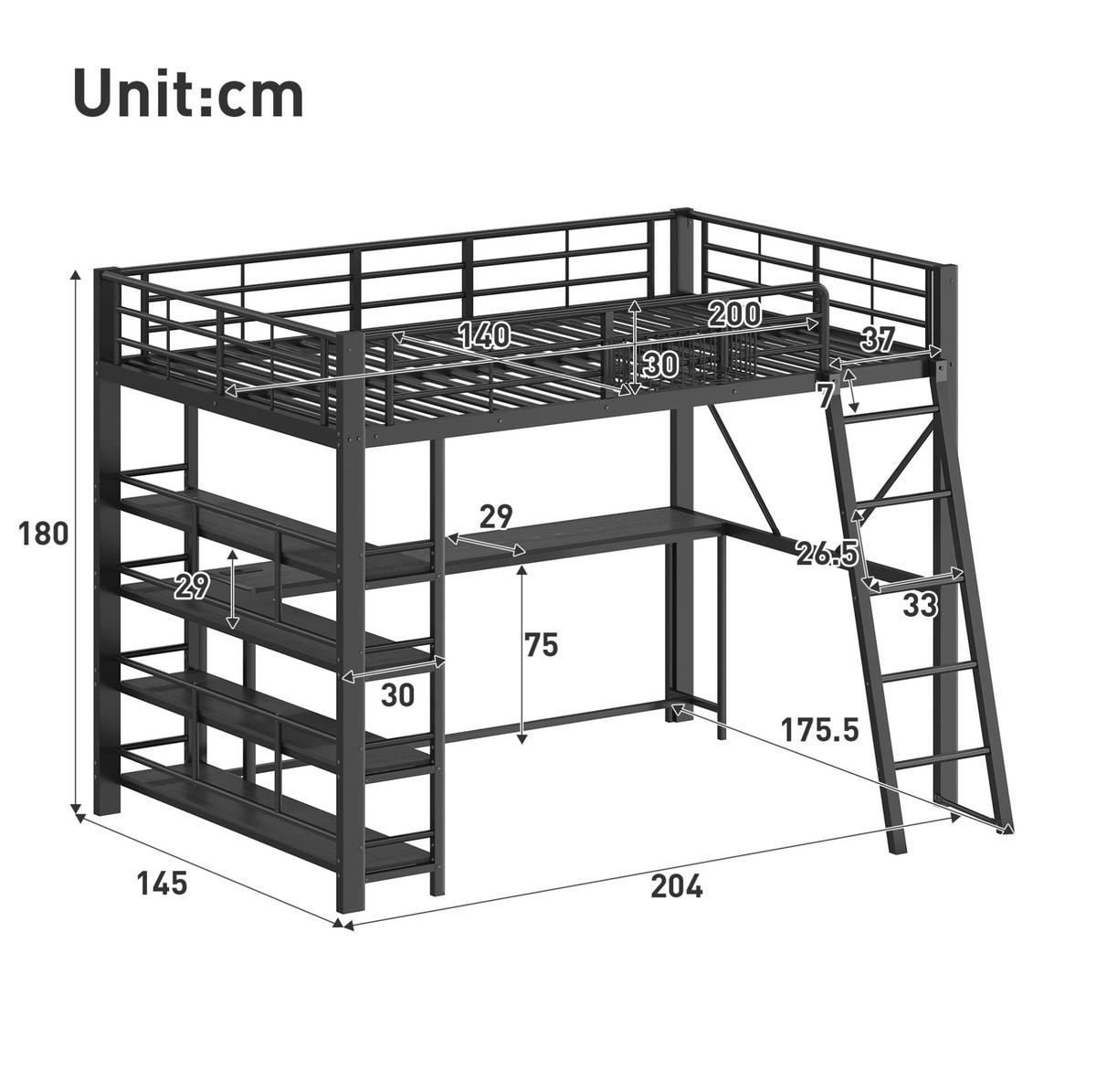METALL-HOCHBETT aus Metall und MDF 140x200 cm Schwarz mit Schreibtisch, LED und USB-Ladestation - Schwarz, Holzwerkstoff (140/200cm) - Modfu