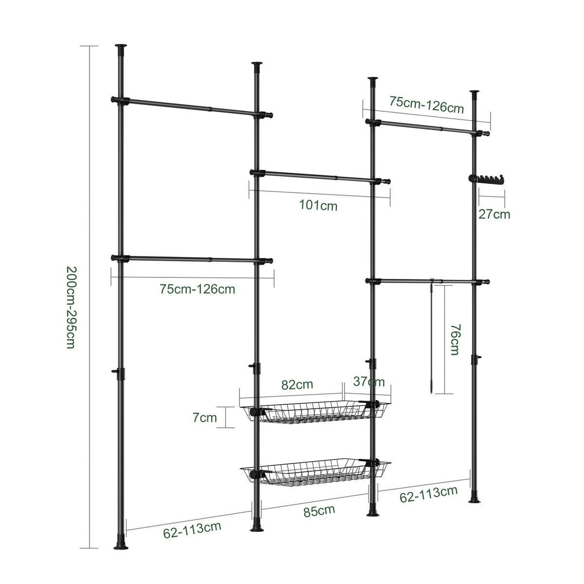 TELESKOP GARDEROBEN SYSTEM Schwarz - Schwarz, Kunststoff (305/270/3cm) - SoBuy