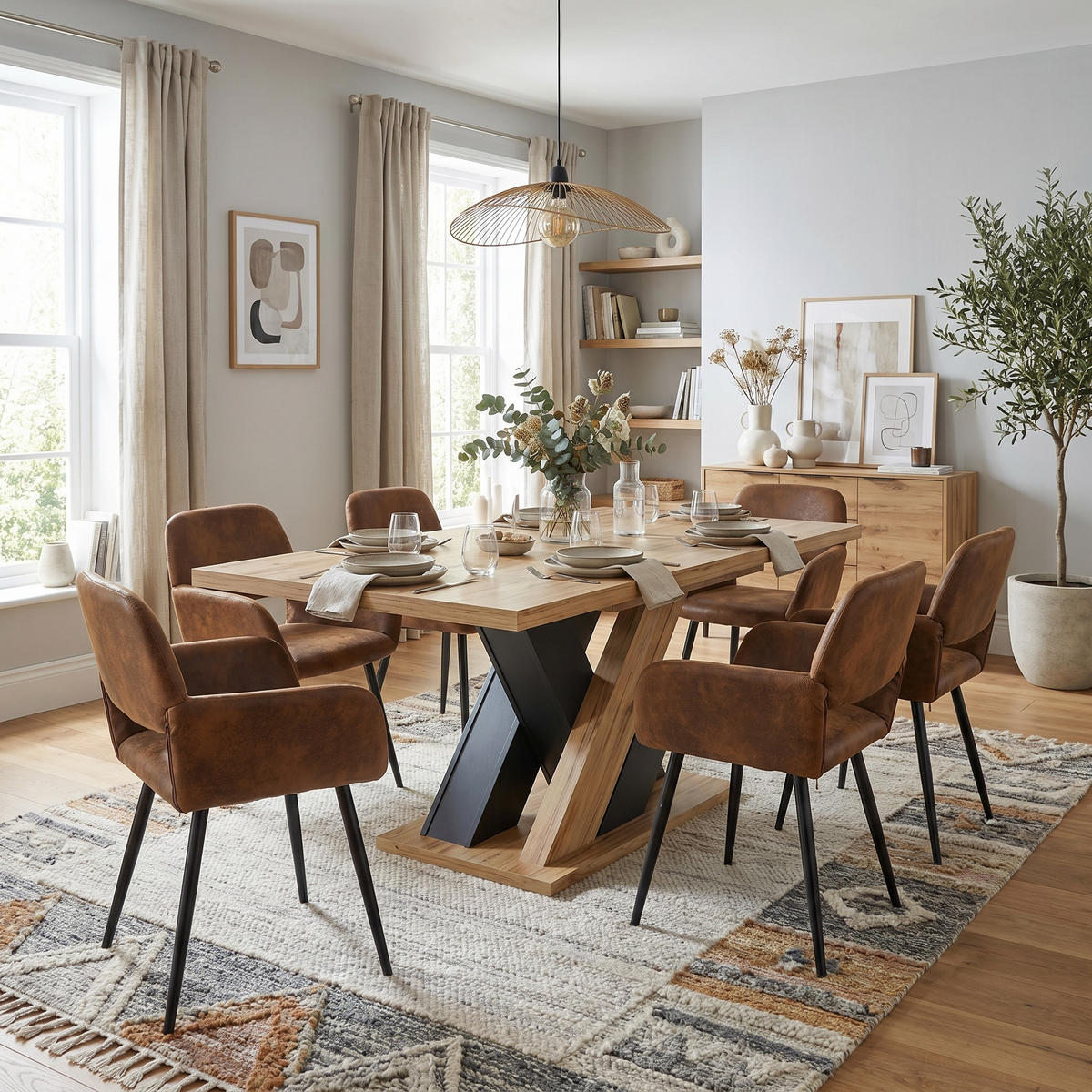 ESSTISCH-SET 1+6, ausziehbarer Tisch mit 6 Esszimmerstühlen - Eichefarben/Schwarz, Holzwerkstoff (119/75/80cm) - Urban Meuble