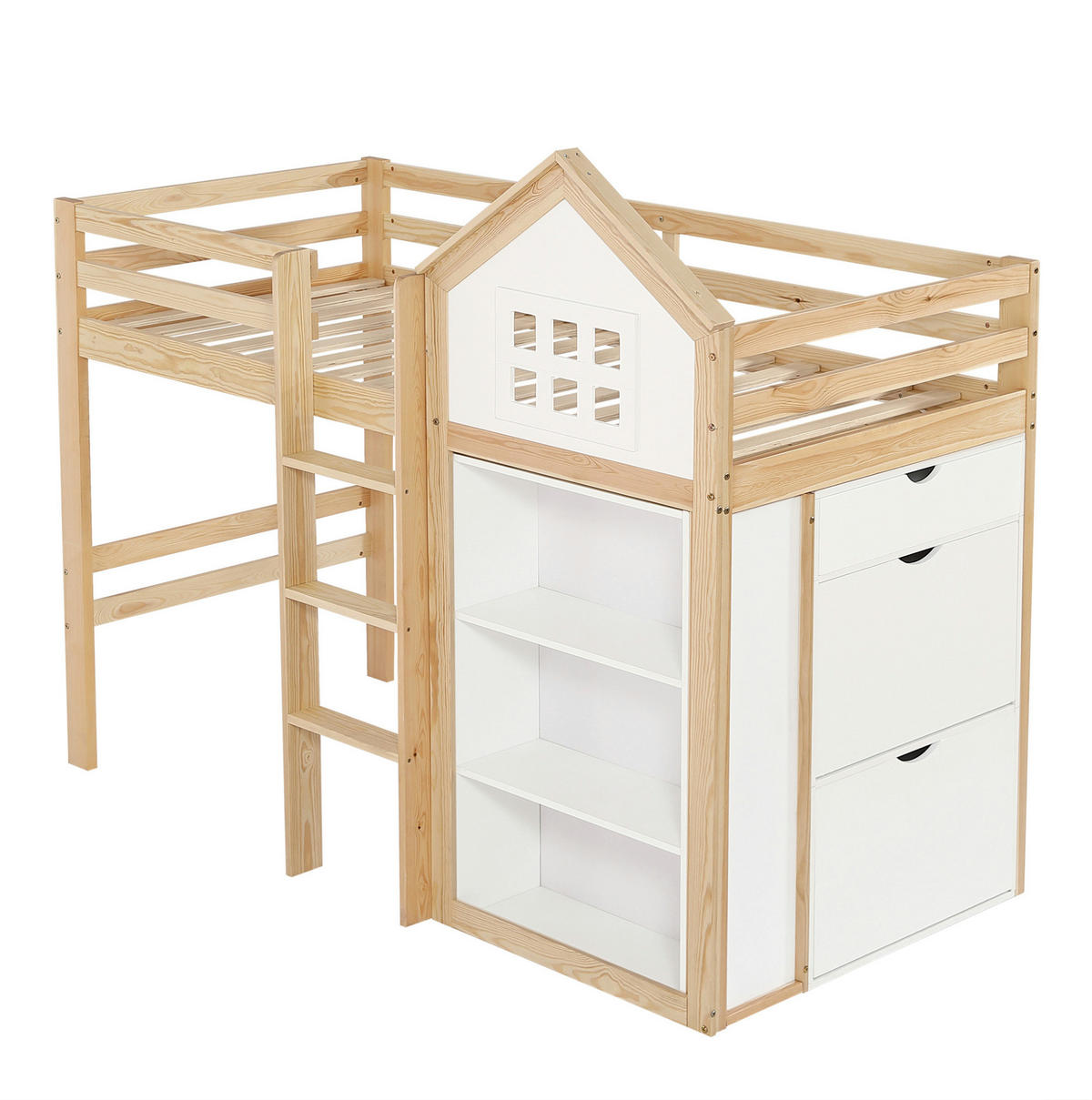 HOCHBETT 90/200 cm in Weiß/Natur – mit Stauraum, Schubladen und Rausfallschutz - Weiß, Holz (90/200cm) - BEAOK
