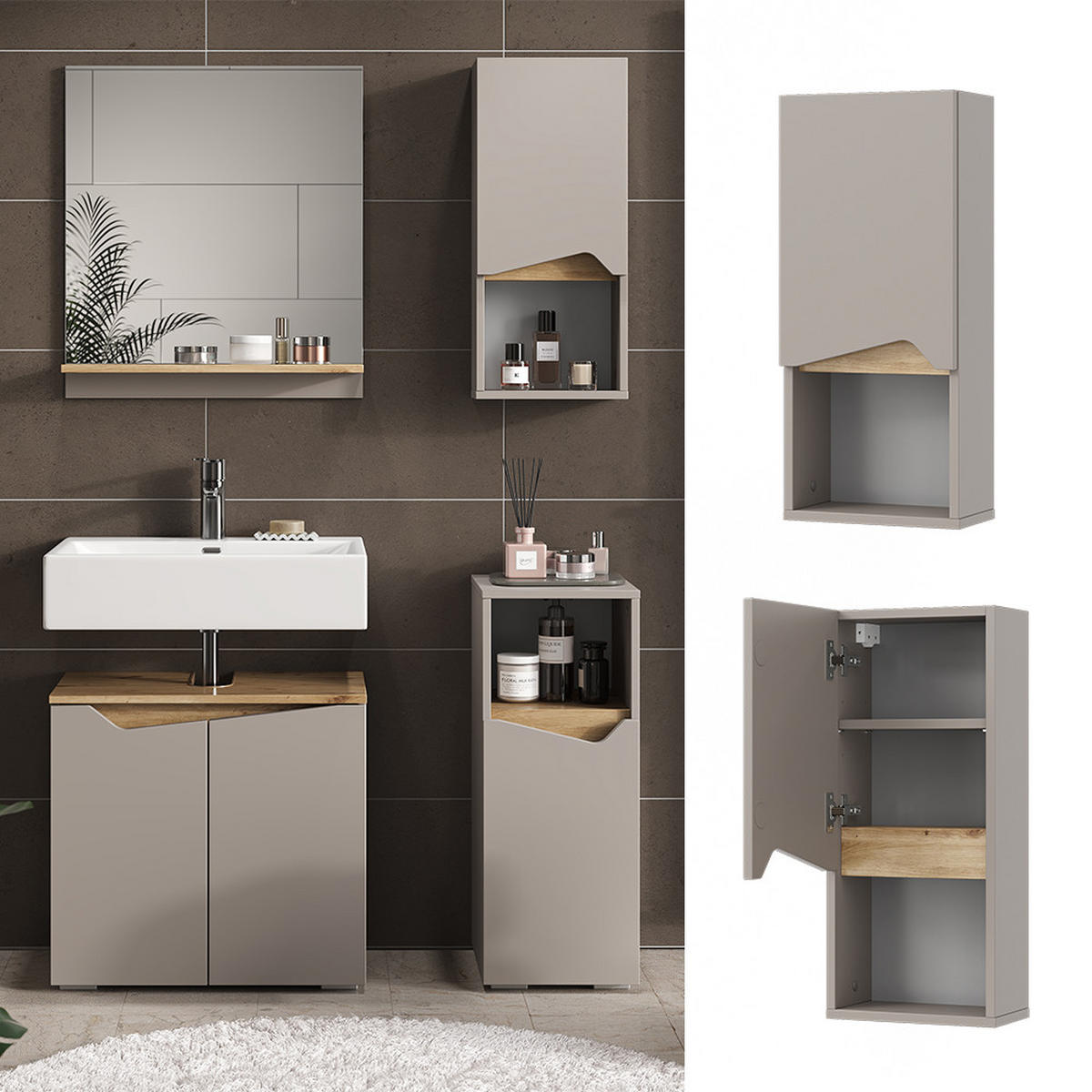 BADSCHRANK Marelle Greige 30 x 67 cm mit Tür und offenem Fach - Greige, Holzwerkstoff (30/67/17cm) - Vicco