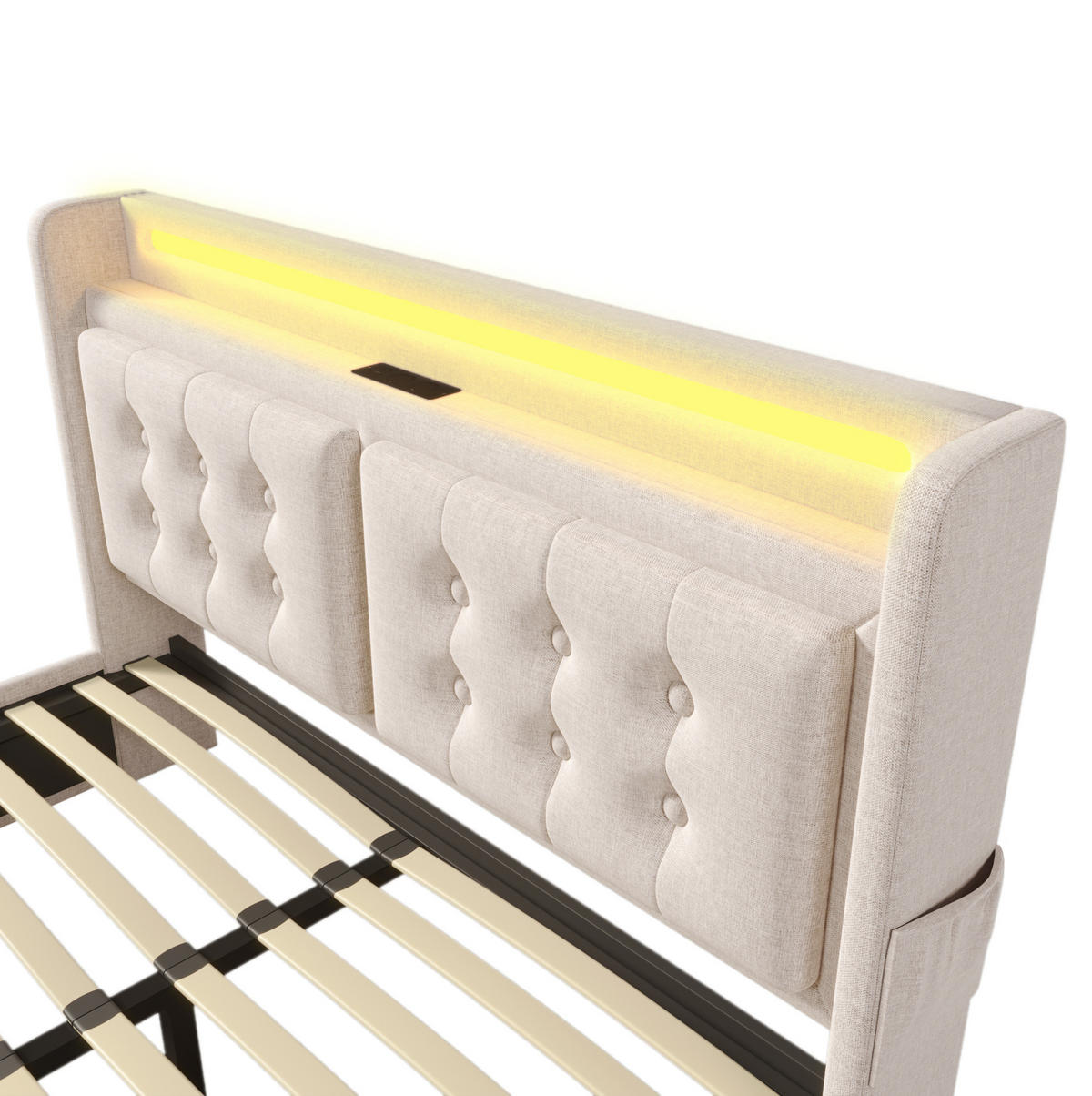 POLSTERBETT aus Baumwoll-Leinen 140x200 cm in Beige mit LED & USB-C-Ladefunktion - Beige, Textil (140/200cm) - Modfu