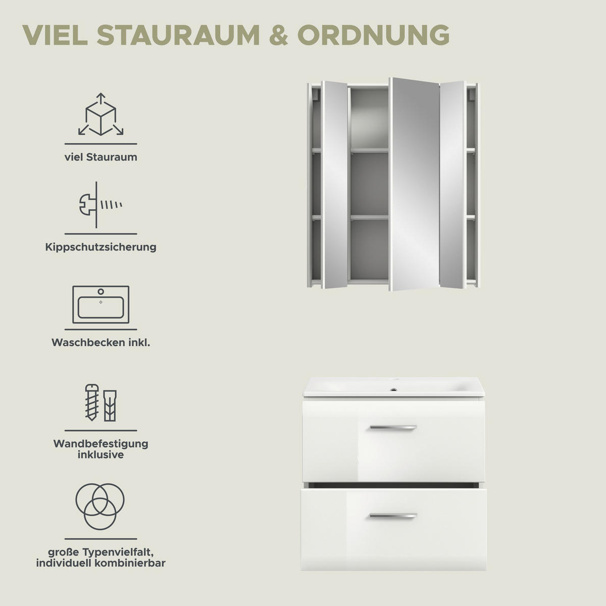 BADKOMBINATION Ice 60x185x46 cm weiß Hochglanz MDF 2tlg. - Weiß, Holz (60/185/46cm)