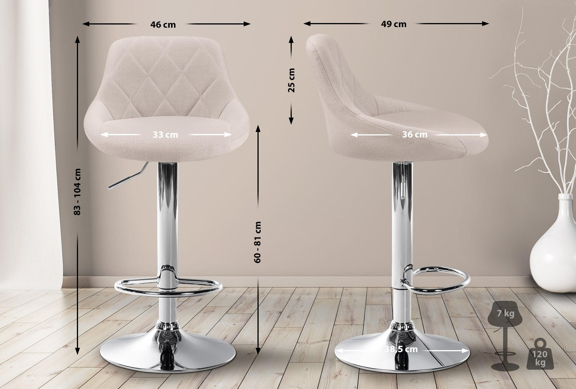 BARHOCKER Stoff creme - Chromfarben/Creme, Textil/Metall (46/83/49cm) - CLP