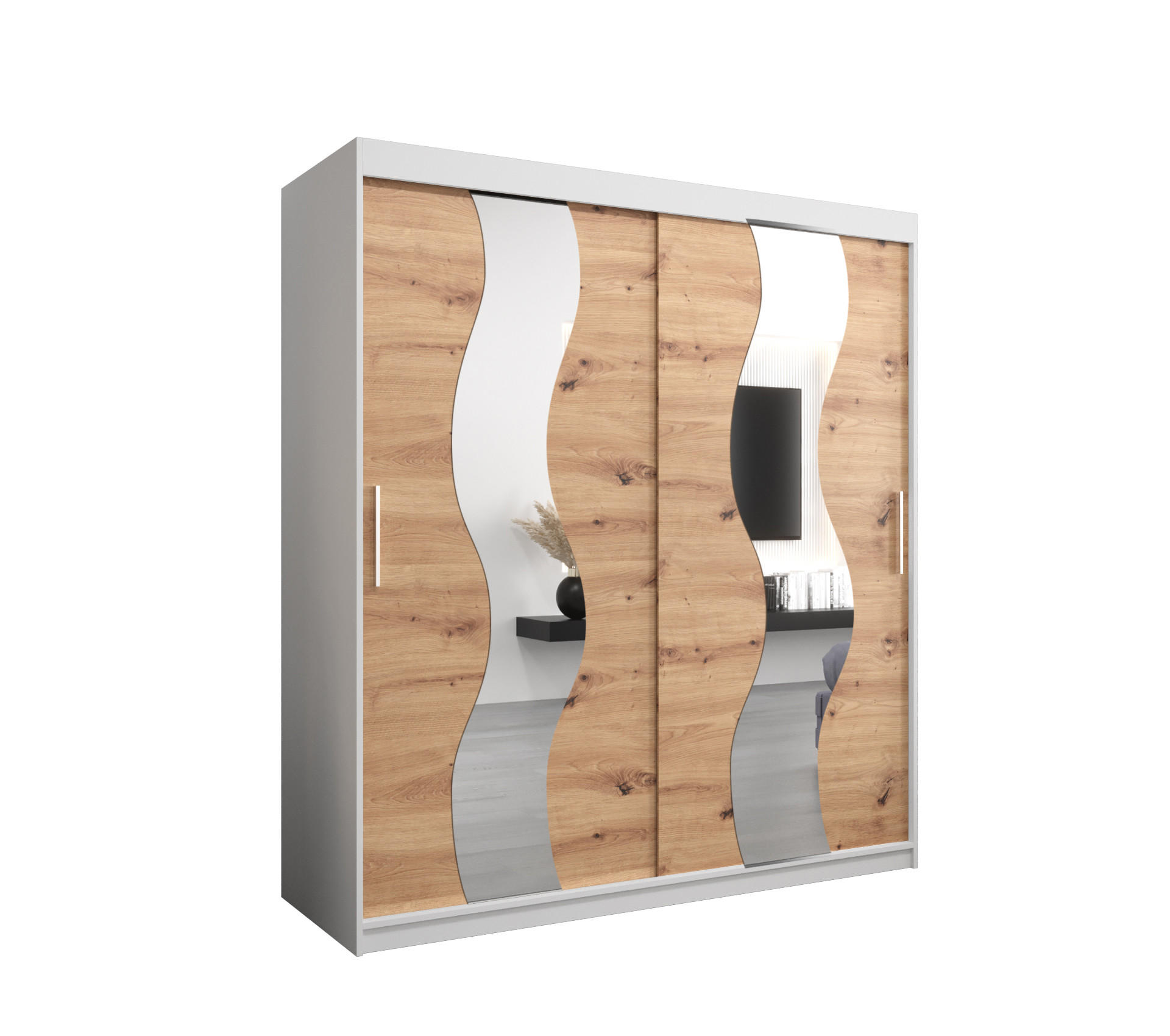 Abiks Möbel Schwebetürenschrank Weiß, Eiche Artisan 180x200x62 cm
