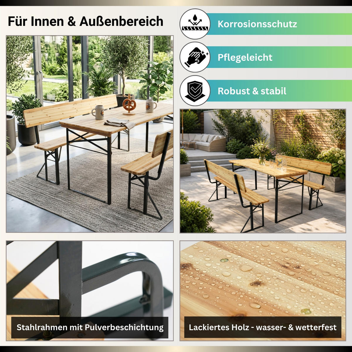 BIERZELTGARNITUR mit Lehne mittig klappbar 170 cm - Schwarz/Naturfarben, Holz/Metall - CHEFGASTRO