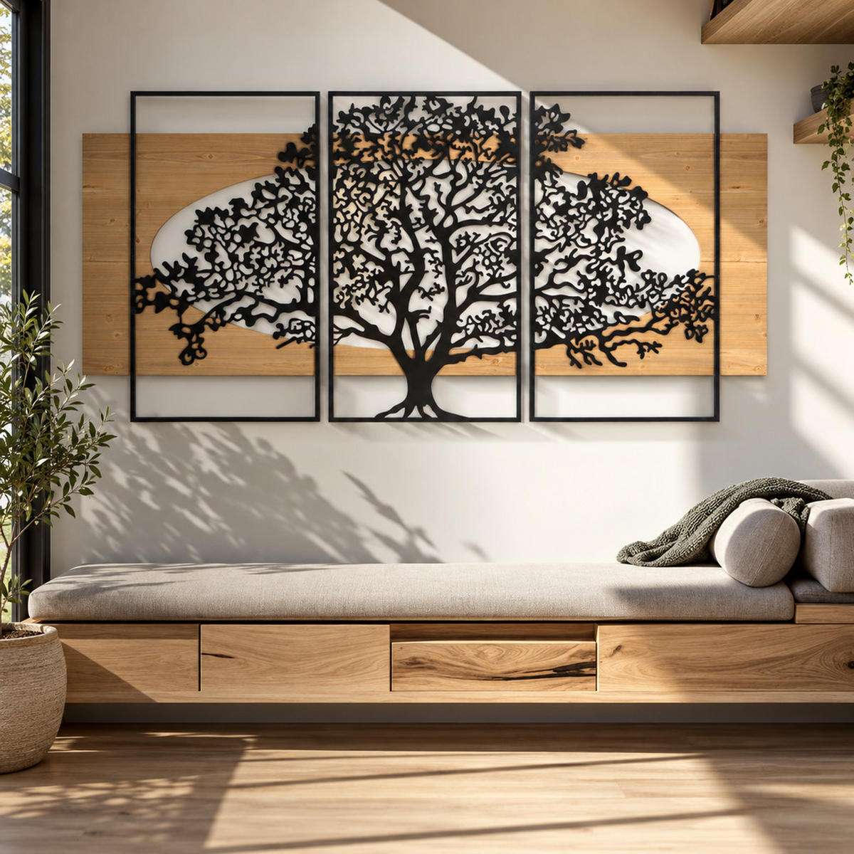 WANDDEKORATIONEN IM 3ER-SET Tree, schwarz und braun, Eisen und MDF, Motiv: Baum - Schwarz/Braun, Holzwerkstoff/Metall (176/90/2cm) - Mauro Ferretti