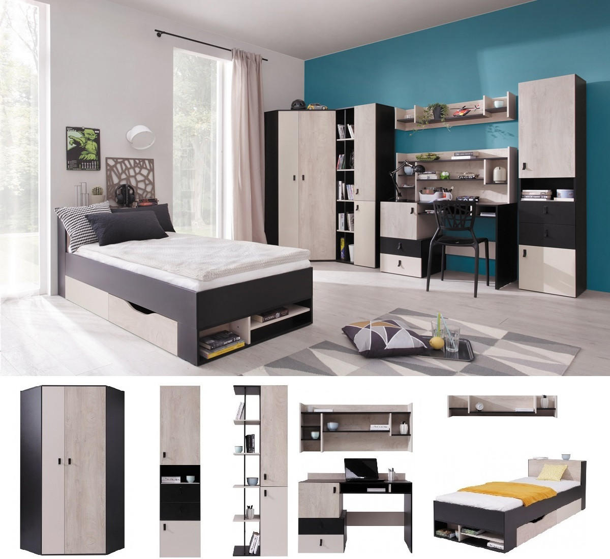 JUGENDZIMMER Space Set D mit Bett 90 x 200 - Schwarz-Eiche-Beige - Eichefarben/Beige, Holzwerkstoff (90/190/90cm) - QMM TraumMöbel