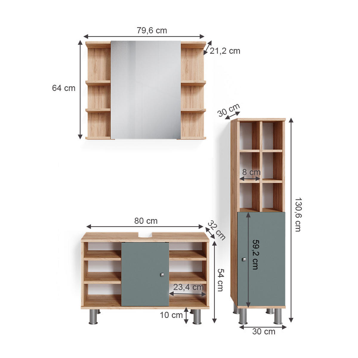 BADMÖBEL-SET Fynn Grün 3 Teile, mit Midischrank Tür groß - Honigeiche/Grün, Holzwerkstoff (60/54/32cm) - Vicco