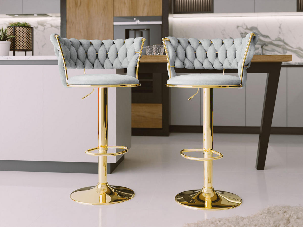 BARHOCKER-SET Muz BS-1141 (2 Stück in Samt) - Goldfarben/Grau, Textil/Metall (50/98/48cm) - MIRJAN24
