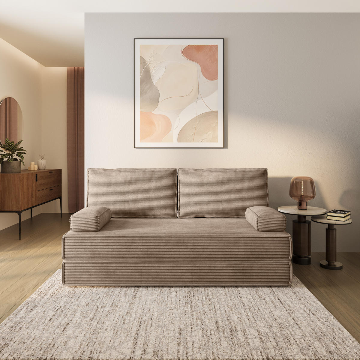 BETTSOFA SILAR aus Schaumstoff Cordstoff Beige Schlaffunktion - Beige, Textil (170/86/80cm) - MASSENO