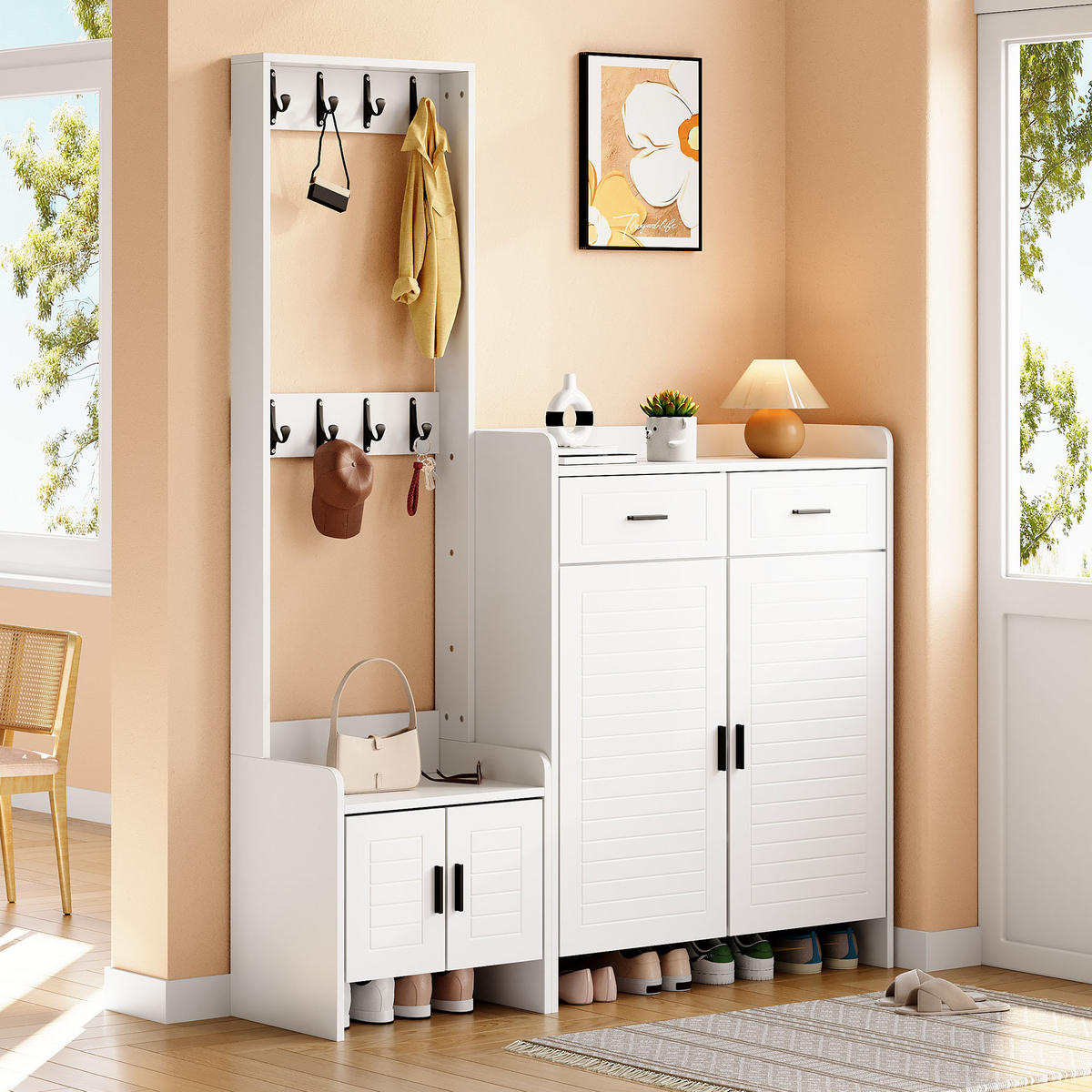 GARDEROBE-SET Schuhschrank 8 Haken 6 Ablagen Weiß - Weiß, Holzwerkstoff (125/165/32cm) - FLIEKS