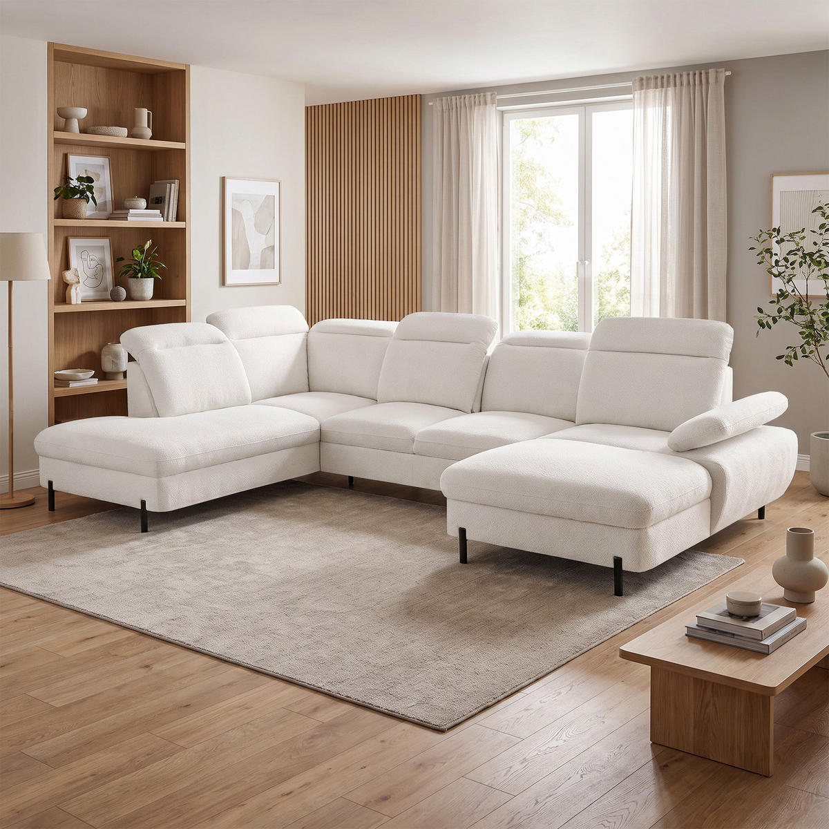 SEDACÍ SOUPRAVA Sora U s funkcí spaní, nastavitelnou hloubkou sedu, opěrkami hlavy a područkou, 365 cm, světle béžová, pravá - černá/béžová, textil (365/107/235cm) - Beautysofa