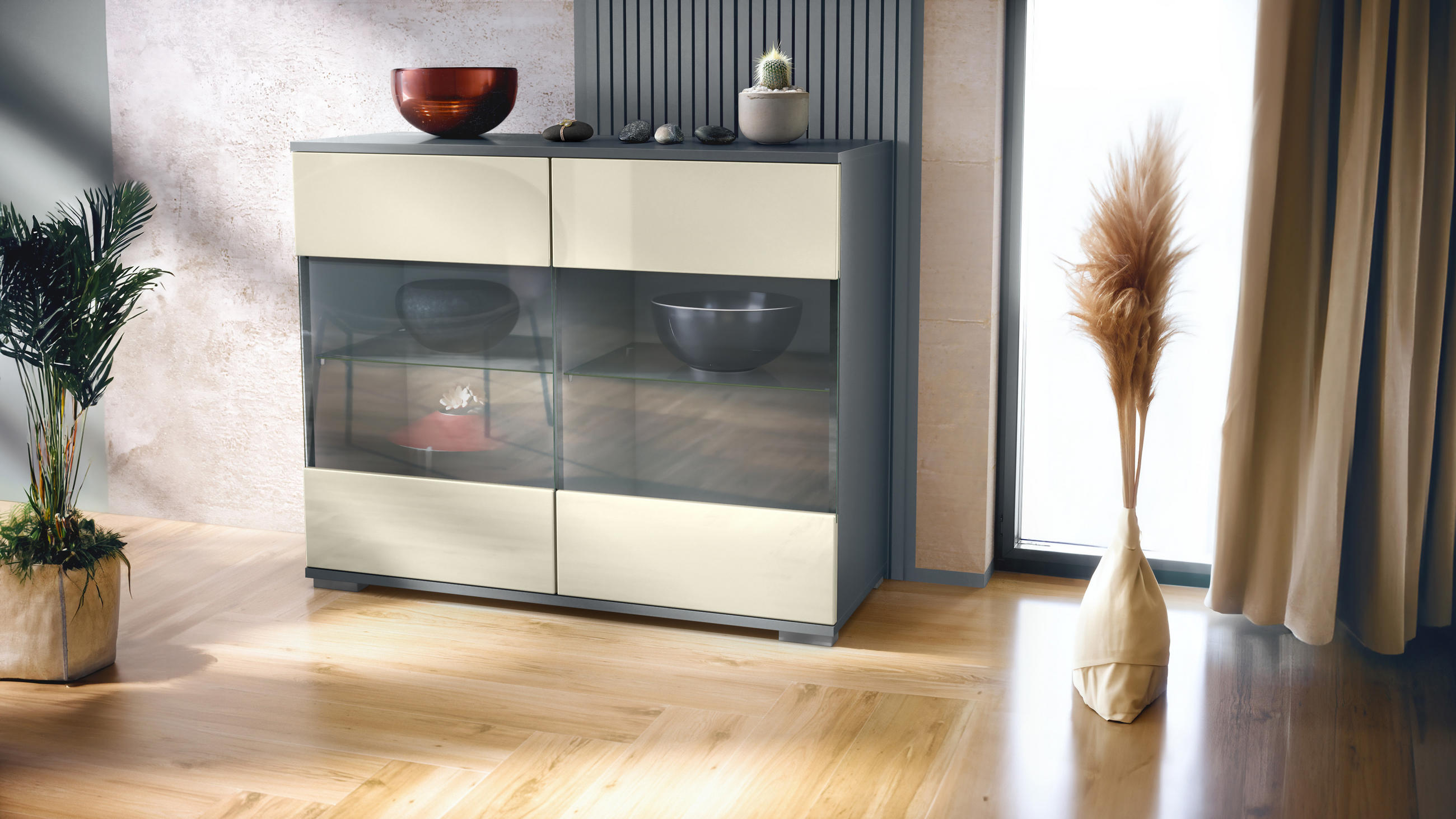 KOMMODE Bari Creme Hochglanz - Creme, Holzwerkstoff (92.5/75.5/35cm) - Vladon