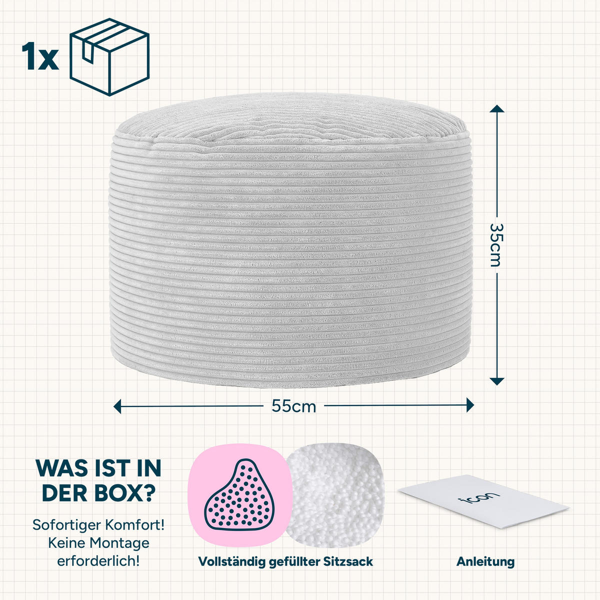 SITZPOUF Rund Milano - Beige, Textil (55/35/55cm) - icon