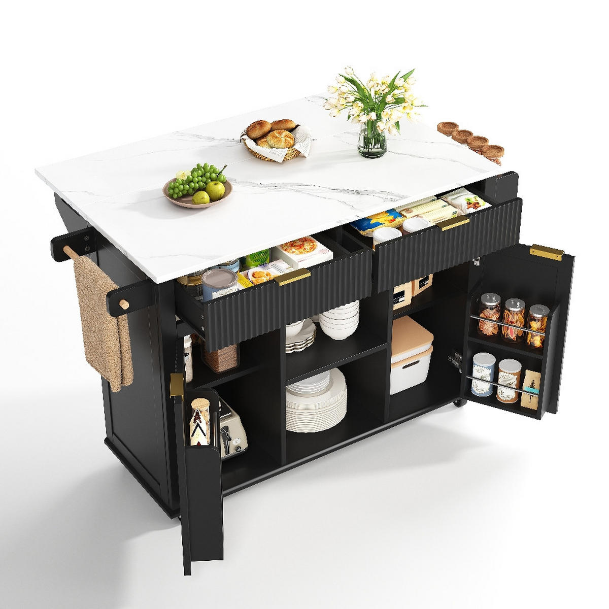 KÜCHENINSEL AUF ROLLEN, Klappbare Arbeitsplatte, MDF, Schwarz, 143/45/89,5 cm - Schwarz, Kunststoff (45/89.5/143cm) - Rolipo
