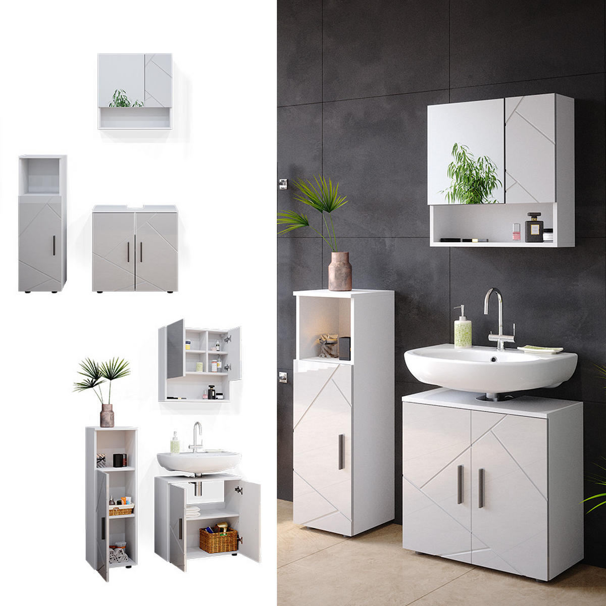 BADMÖBEL-SET Ronco Weiß Hochglanz 3 Teile - Weiß Hochglanz/Weiß, Holzwerkstoff (60/192/30cm) - Livinity®