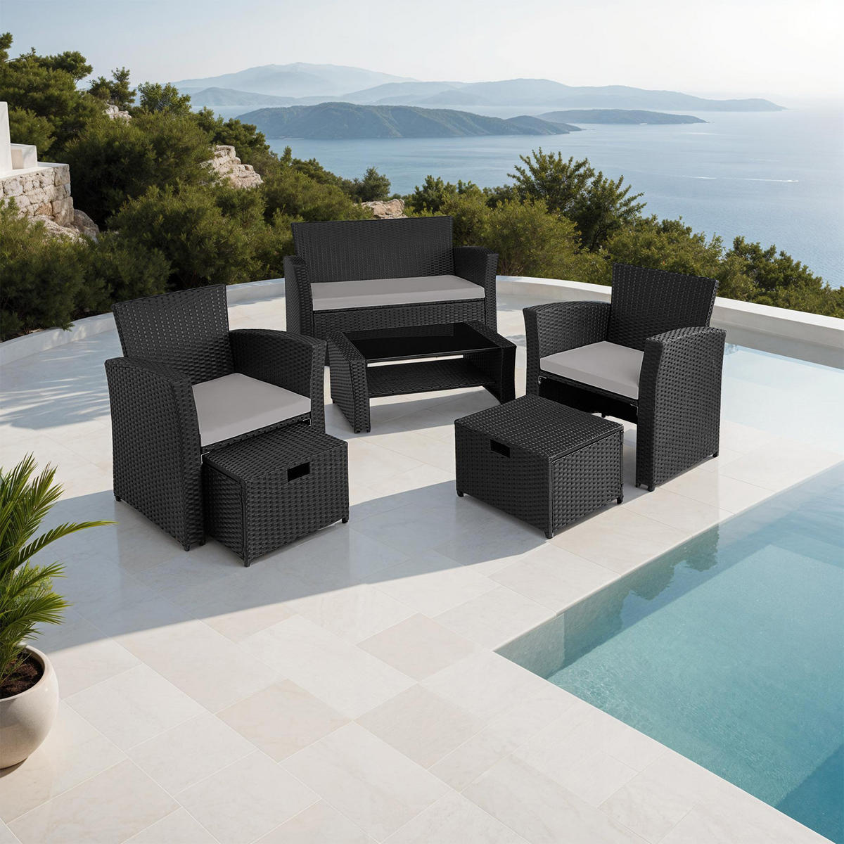RATTAN SITZGRUPPE Modena,inklusive Staufach und Schutzhülle,schwarz/grau - Schwarz/Grau, Kunststoff - tectake
