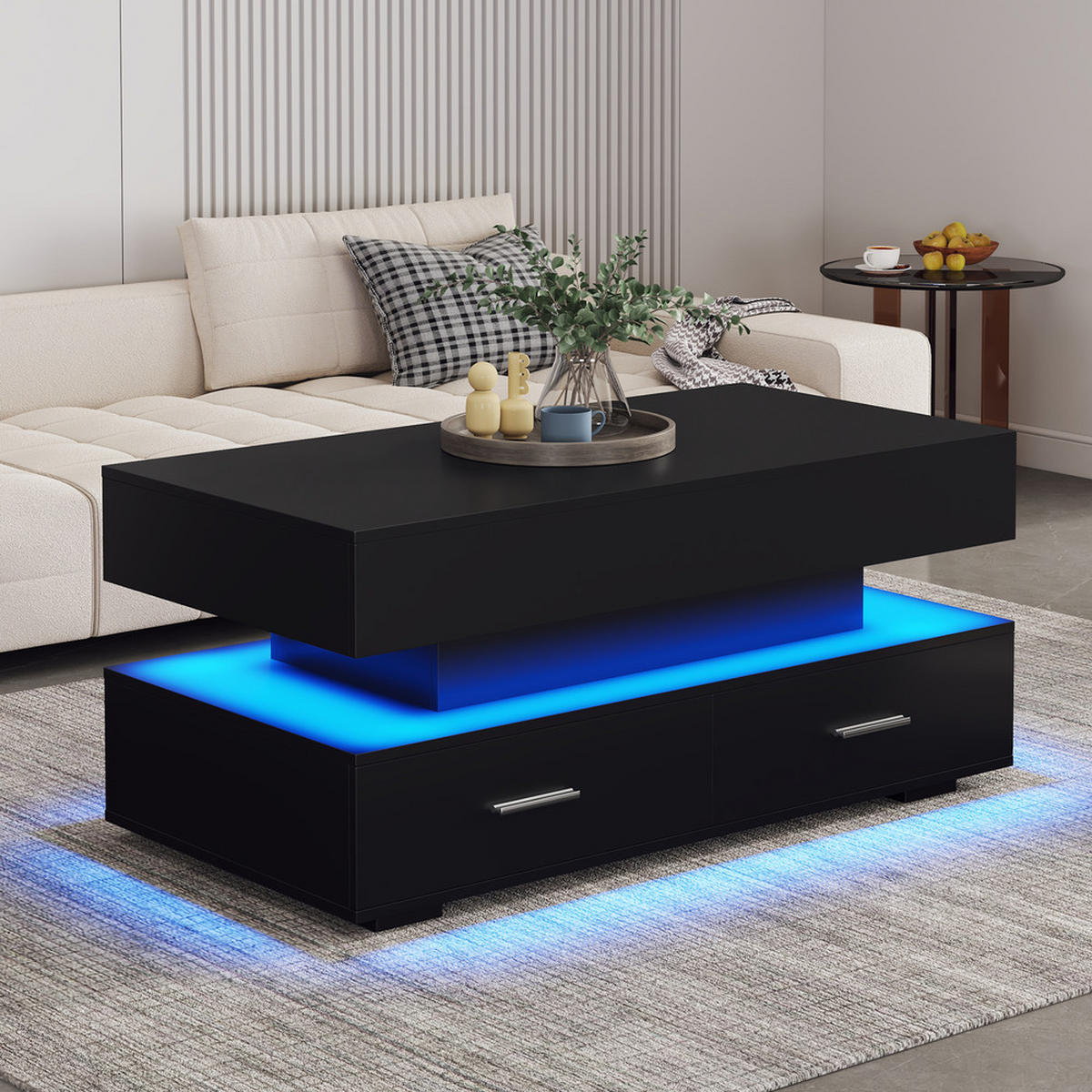 COUCHTISCH 100x50cm Hydraulisch Höhenverstellbar Schwarz LED Bluetooth - Schwarz, Holz (110/60.5/11.5cm) - FLIEKS
