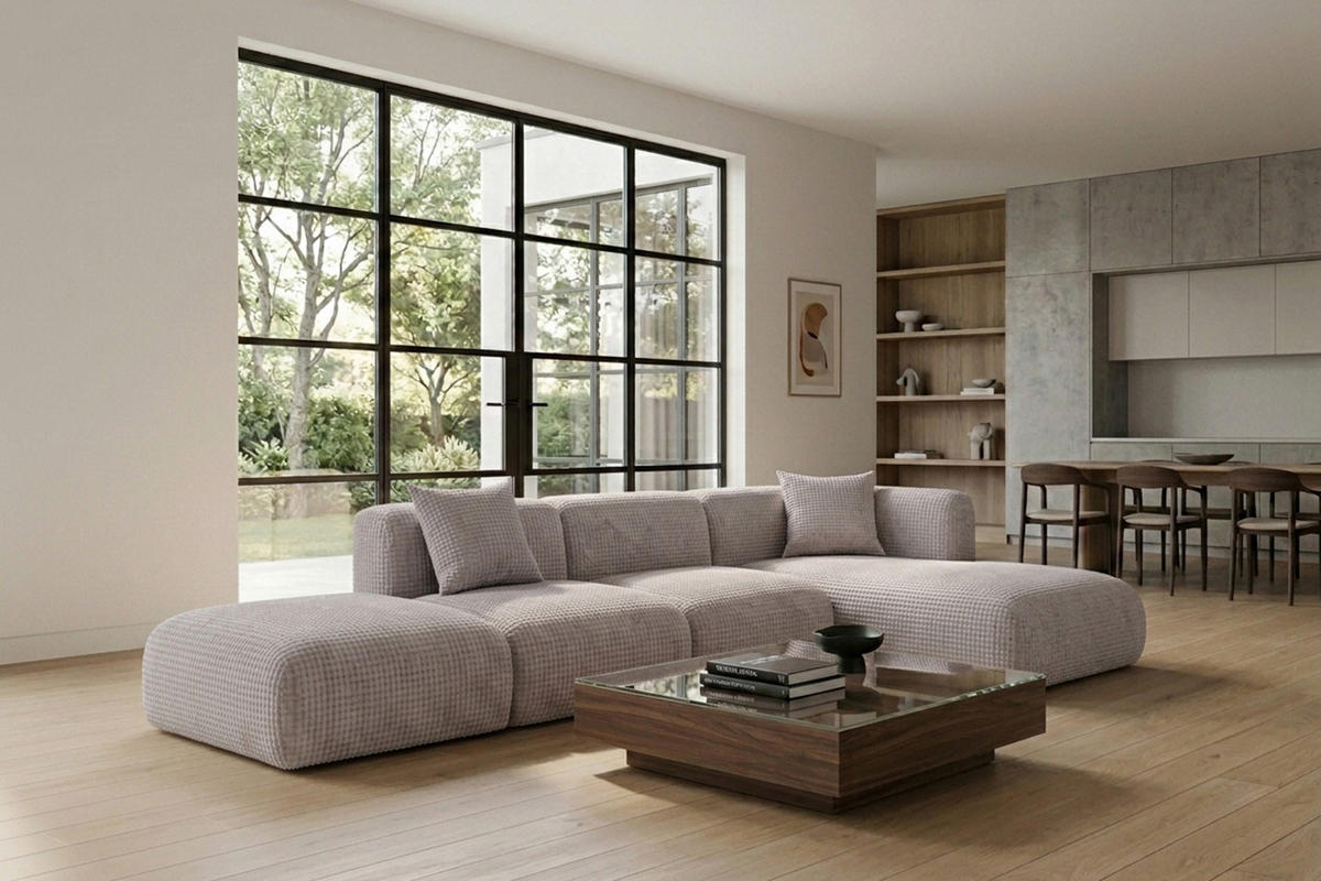 ECKSOFA L-Form mit Hocker, Chenille-Stoff Cremona, Hellgrau, Rechts, GRETA - Hellgrau, Holz (386/179cm) - Kaiser Möbel