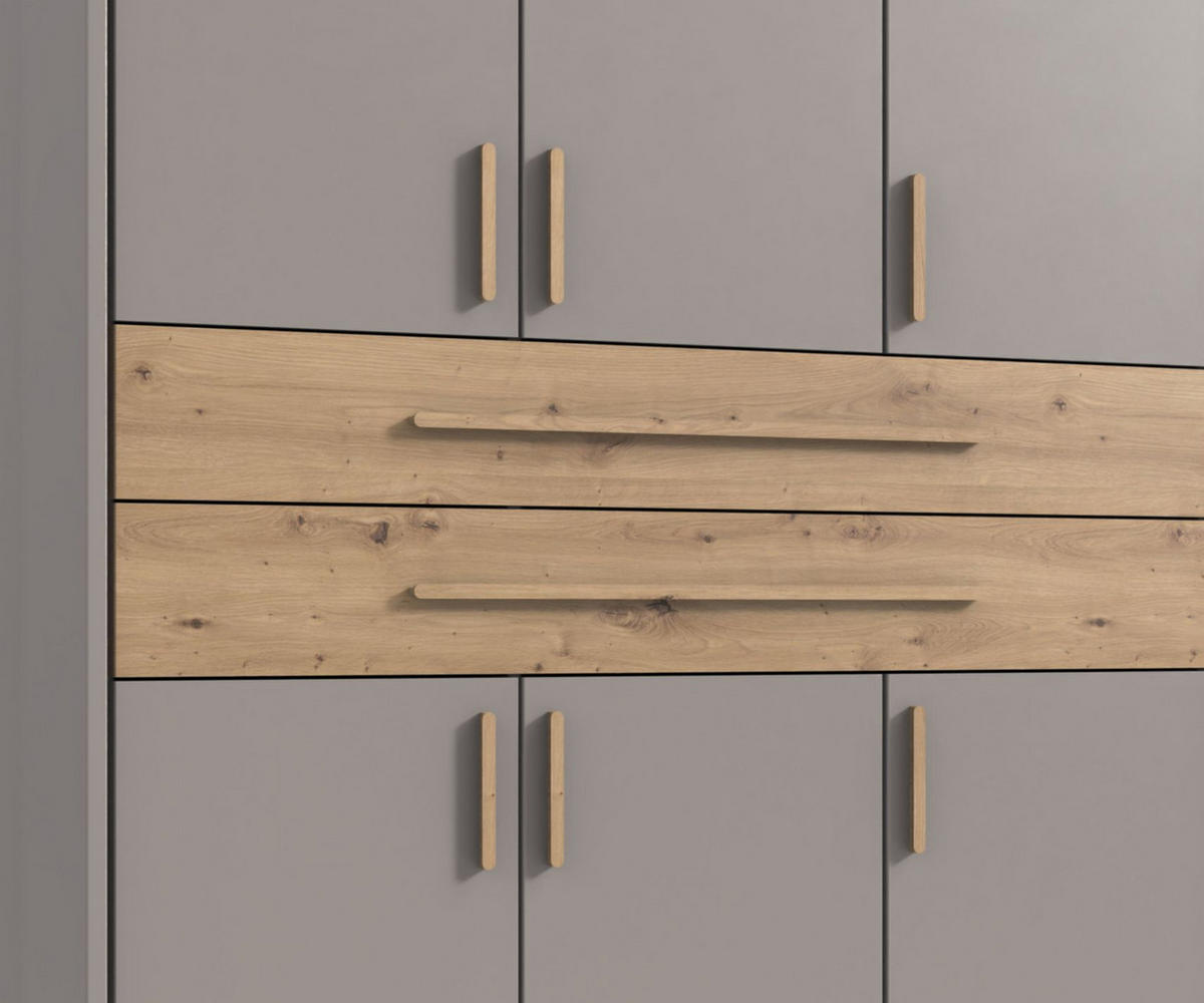 SKŘÍŇ S OTOČNÝMI DVEŘMI B228/H210/T58 cm, pískově šedá, s paspartou, 2 zrcadlové dveře, 2 velké zásuvky a úchytky v dekoru dub Artisan / 22638 - písková barva/dub artisan, kompozitní dřevo/plast (228/210/58cm) - luma-home