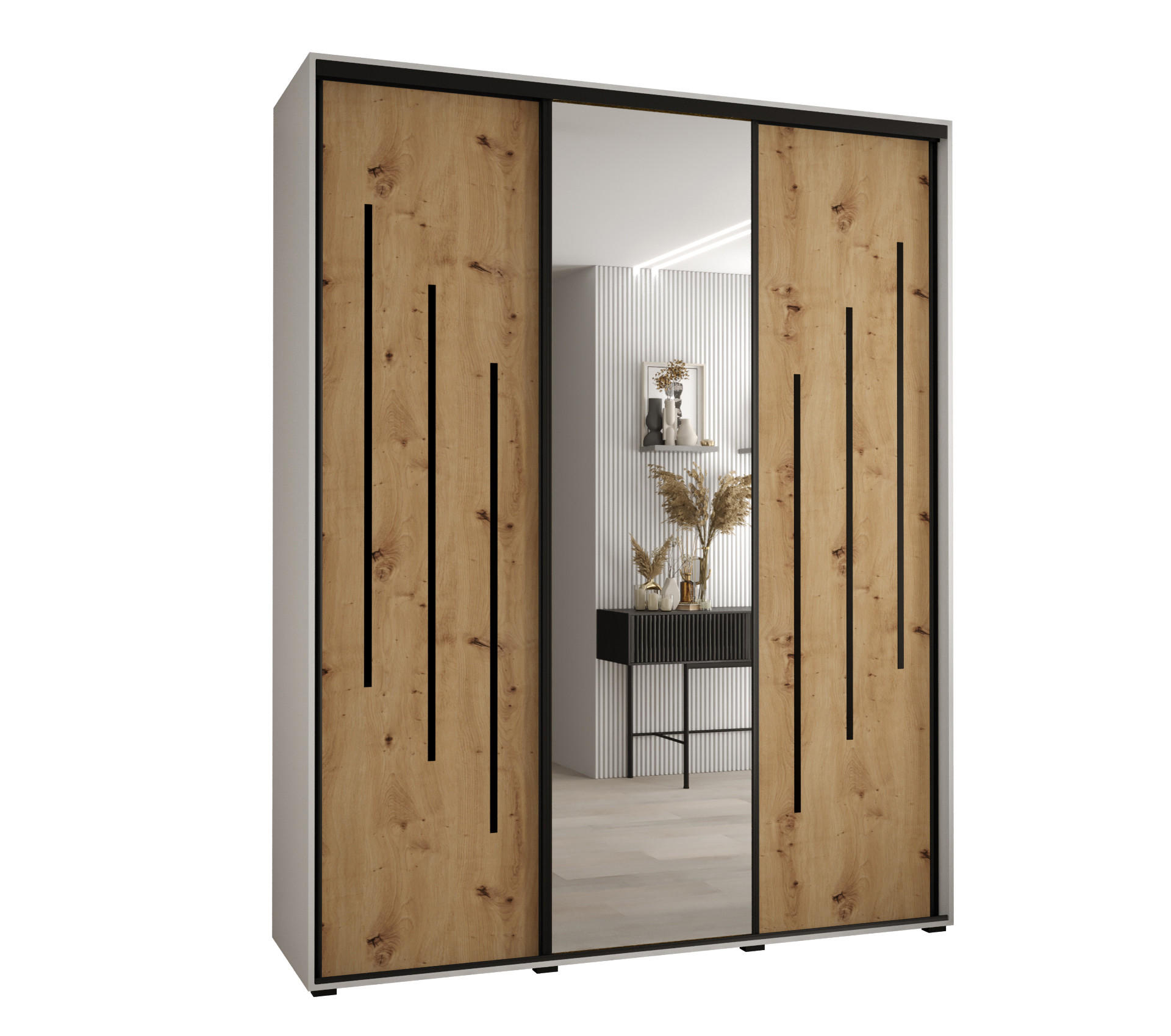 Abiks Möbel Schwebetürenschrank Weiß, Eiche Artisan, Schwarz 200x235x60 cm