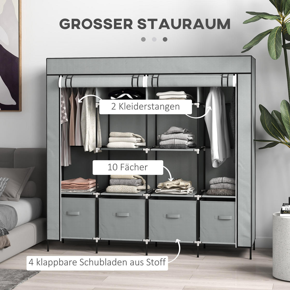 STOFFSCHRANK Kleiderschrank mit Kleiderstange, 10 Fächern, 4 Schubladen - Dunkelgrau, Metall (42.5/169.5/166cm) - HOMCOM