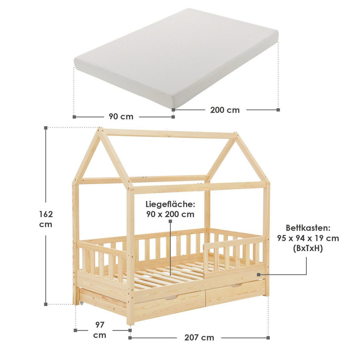 KINDERBETT Marli mit Matratze und Bettkasten natur 90x200 cm - Naturfarben, Holz (90/200cm) - Juskys