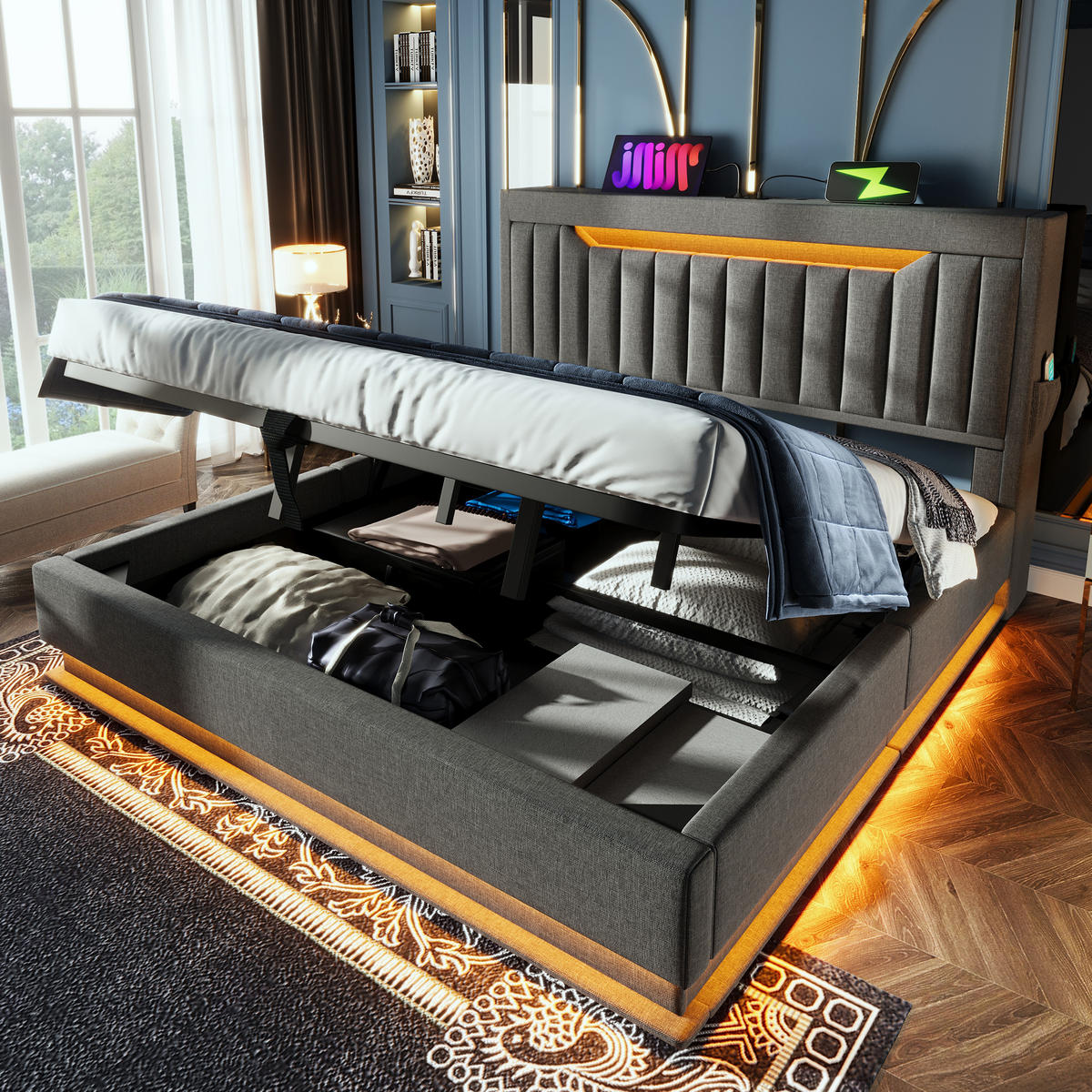 POLSTERBETT 160/200 cm Grau mit Stauraum und LED-Beleuchtung aus Leinen - Grau, Textil (160/200cm) - OKWISH